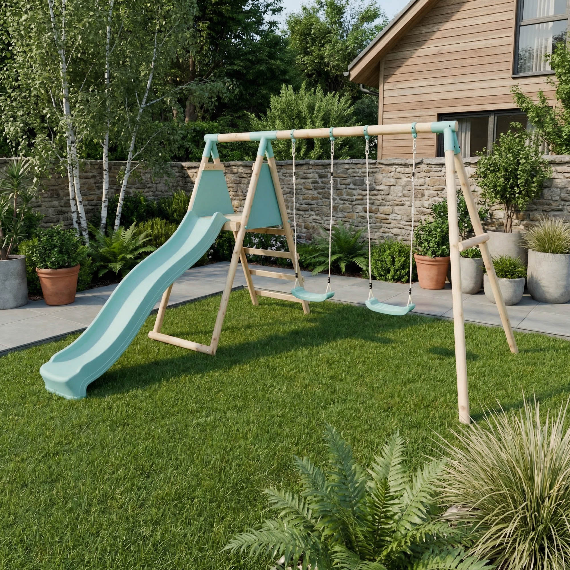 Double Wooden Swing Set with Slide - Mossy Hollow I