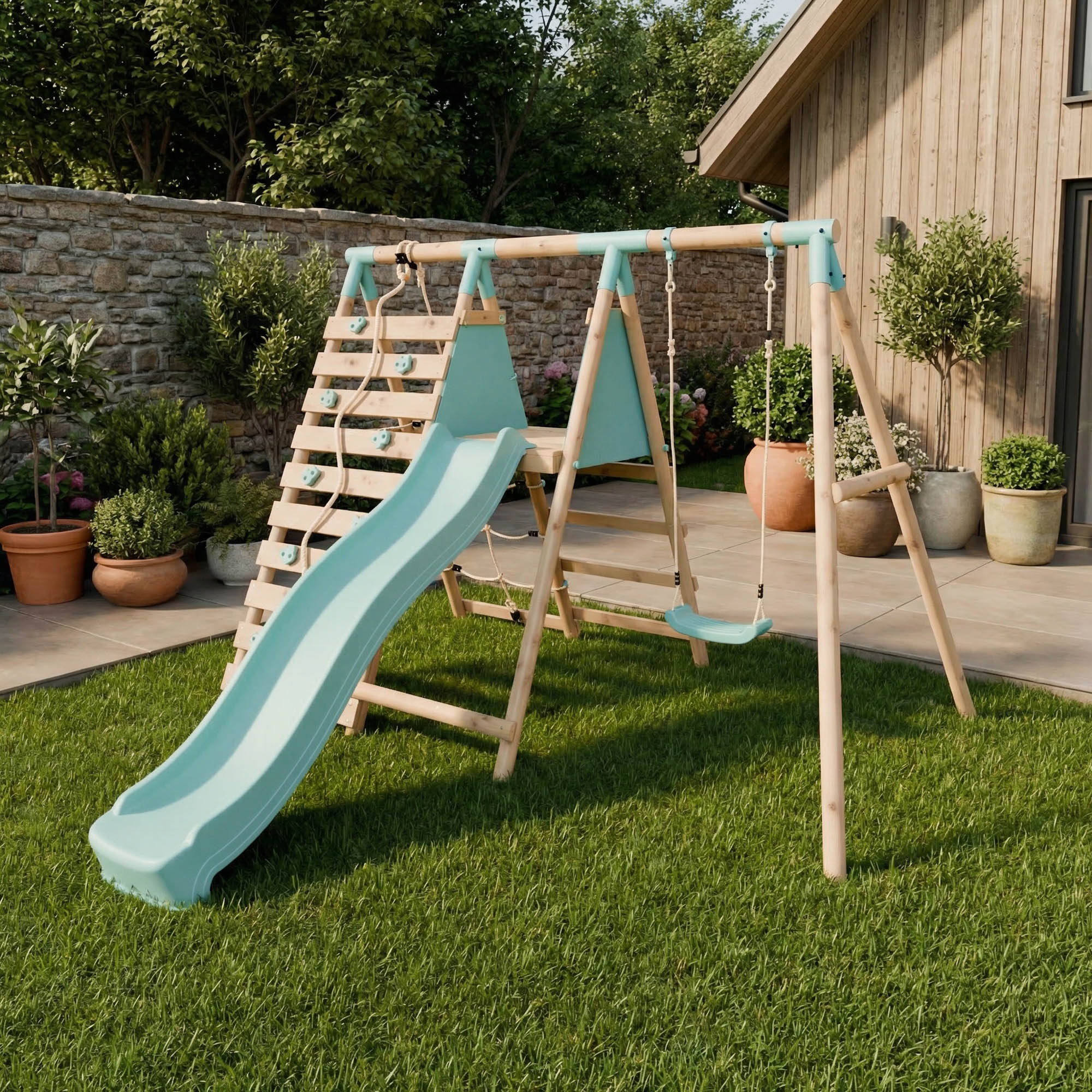 Single Wooden Swing Set with Climbing Wall and Slide - Badger Brook I
