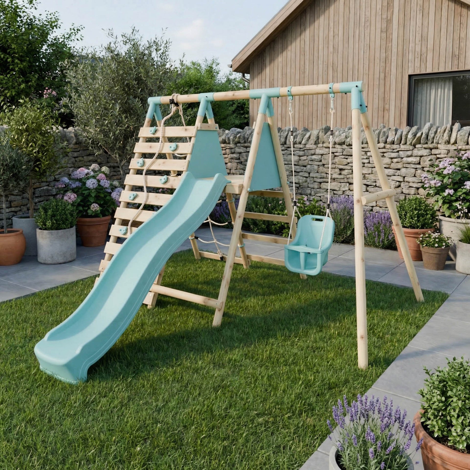Single Wooden Swing Set Climbing Wall Slide Badger Brook II