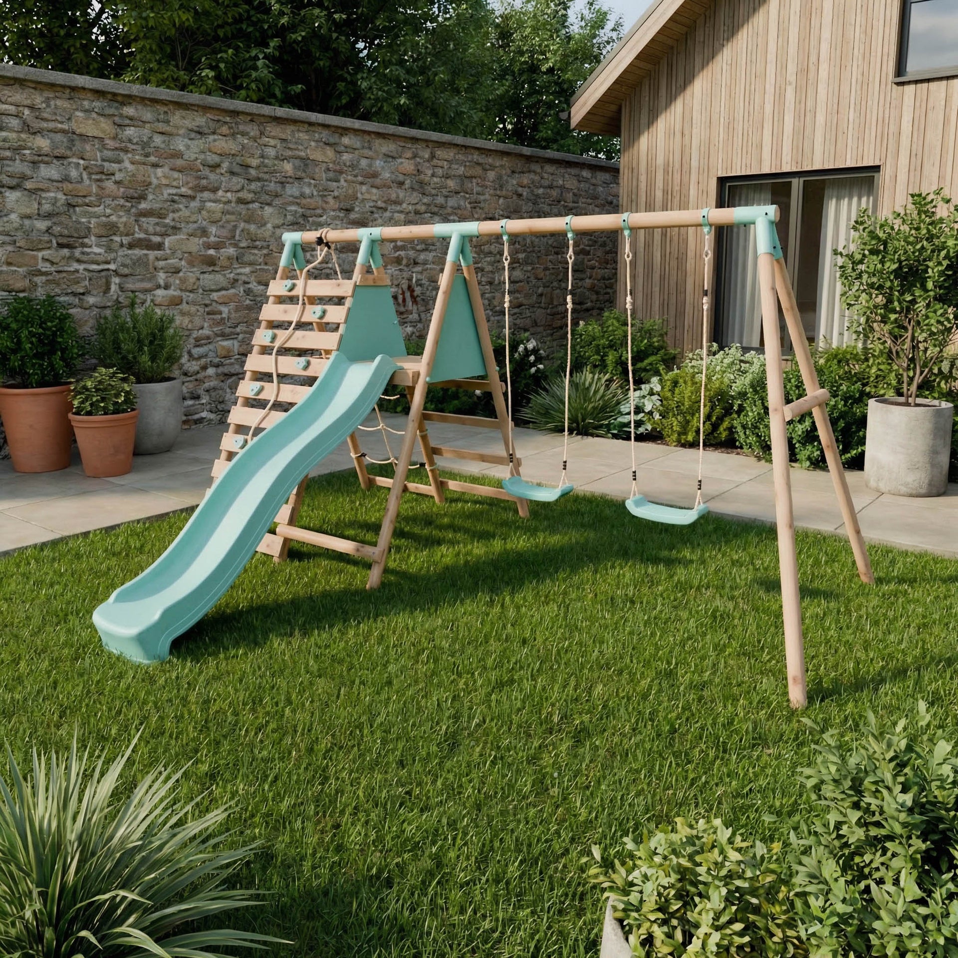 Double Wooden Swing Set Climbing Wall Slide Stagwood I