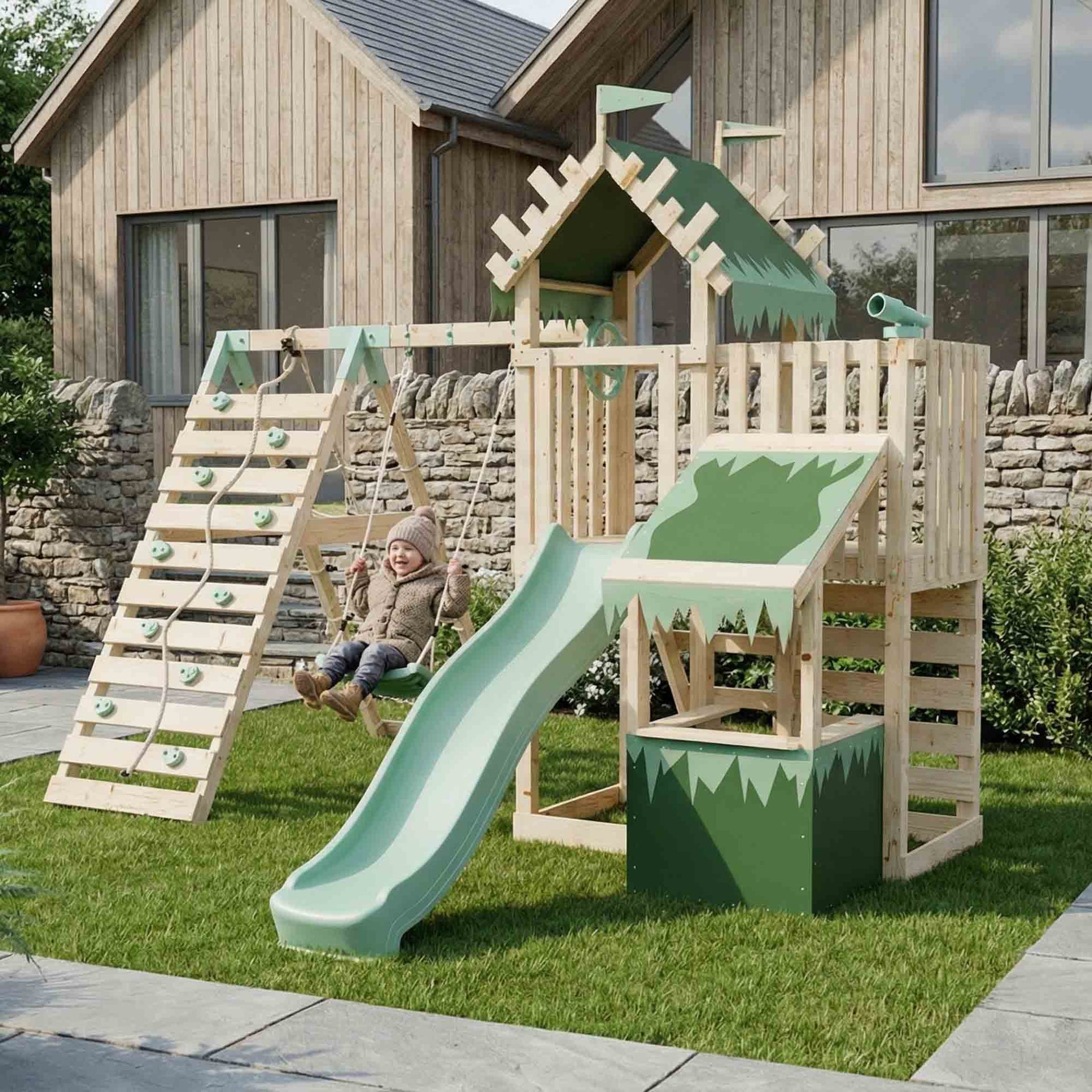 Extended Climbing Frame Single Swing & Climbing Wall Shop Enchanted Grove VII