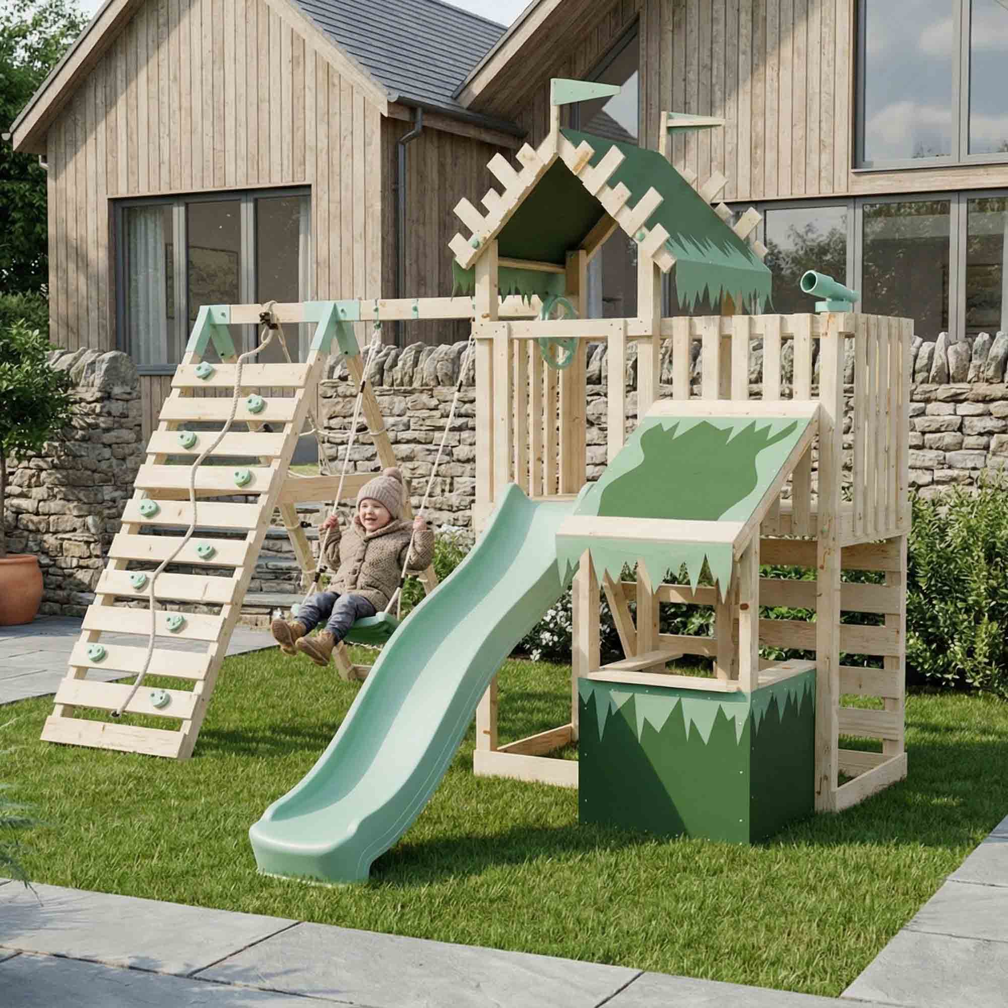 Extended Climbing Frame With Single Swing & Climbing Wall With Shop - Wildroot Ridge V