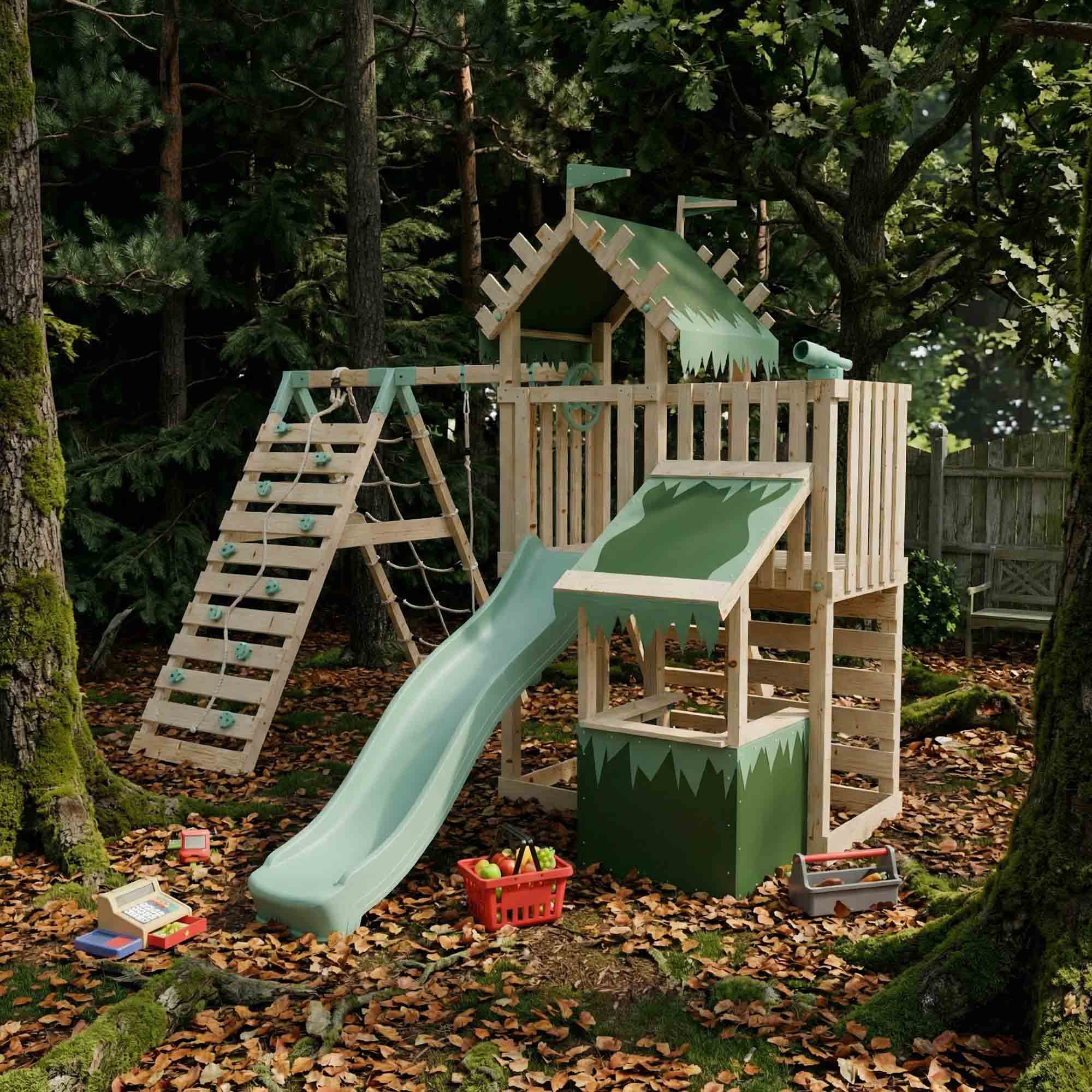 Extended Climbing Frame With Single Swing & Climbing Wall With Shop - Wildroot Ridge V