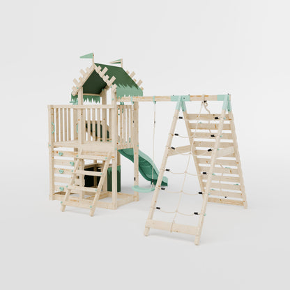 Extended Climbing Frame With Single Swing & Climbing Wall With Shop - Enchanted Grove VII