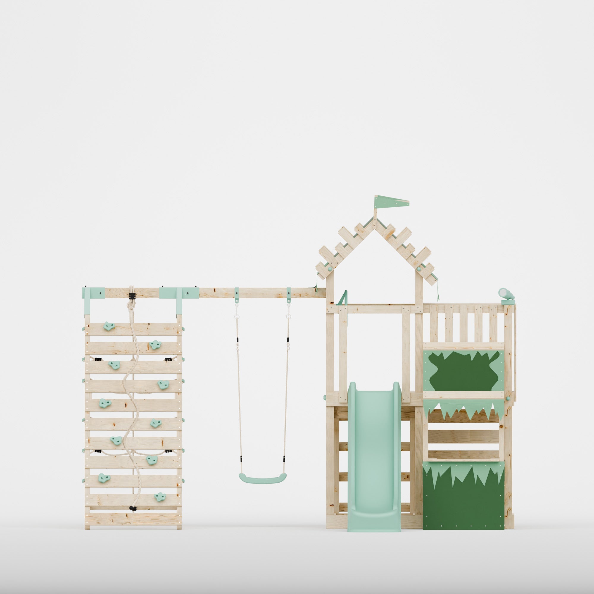 Extended Climbing Frame With Single Swing & Climbing Wall With Shop - Enchanted Grove VII