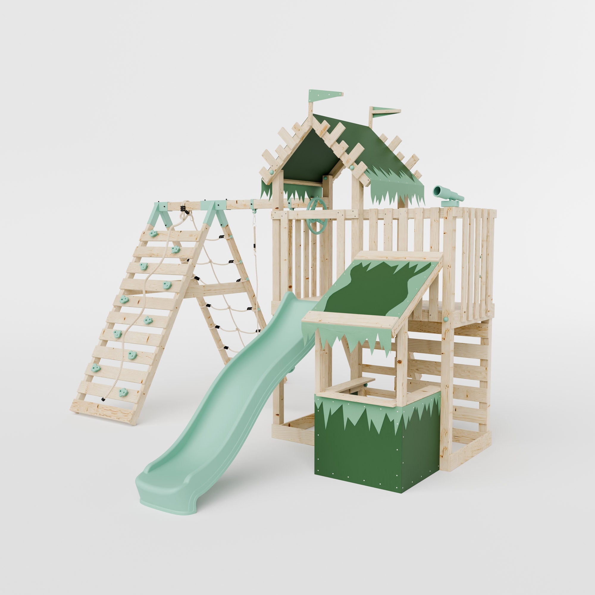Extended Climbing Frame With Single Swing & Climbing Wall With Shop - Enchanted Grove VII