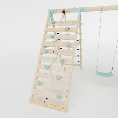 Extended Climbing Frame With Single Swing & Climbing Wall With Shop - Enchanted Grove VII