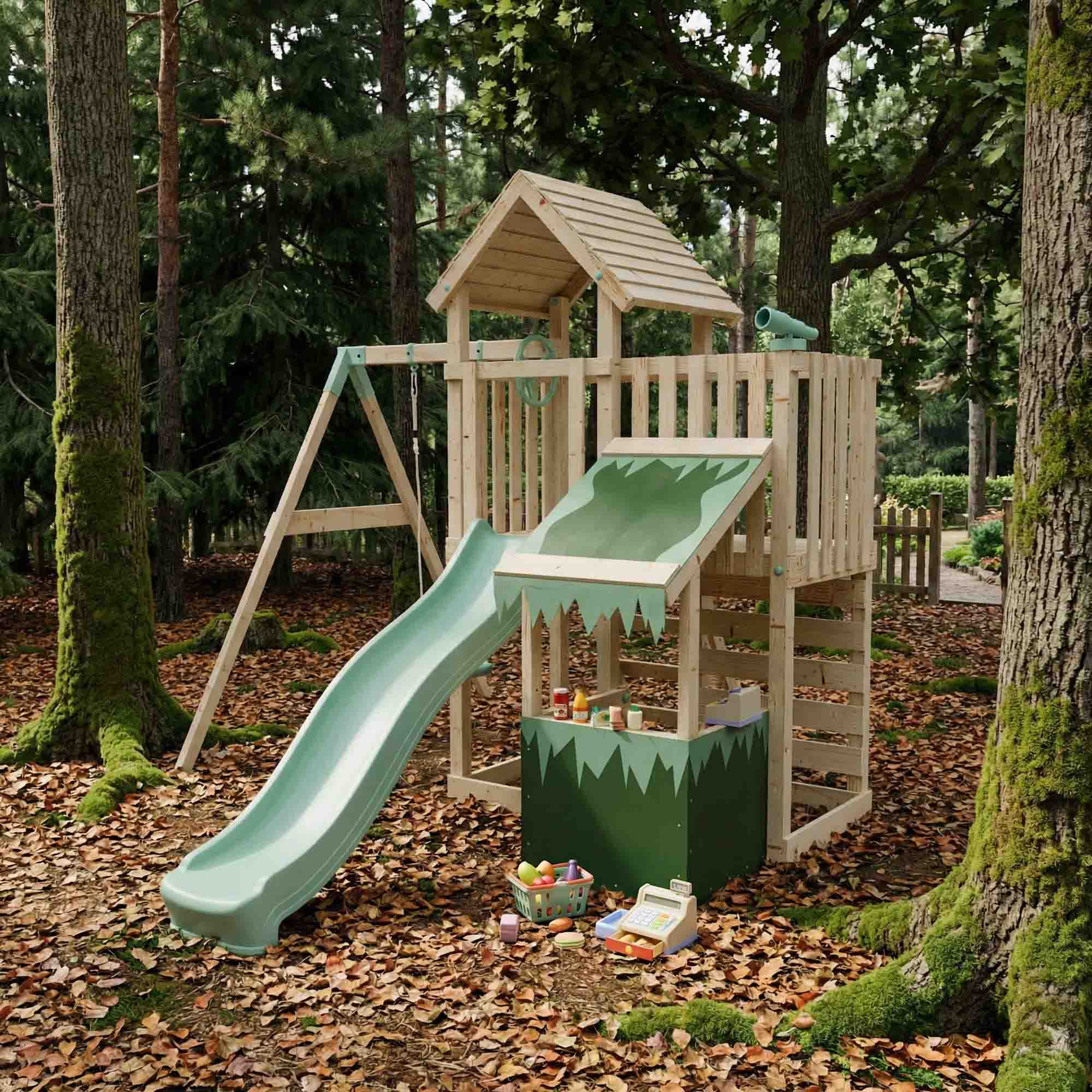 Extended Climbing Frame With Single Swing & Shop - Moonlit Hollow I