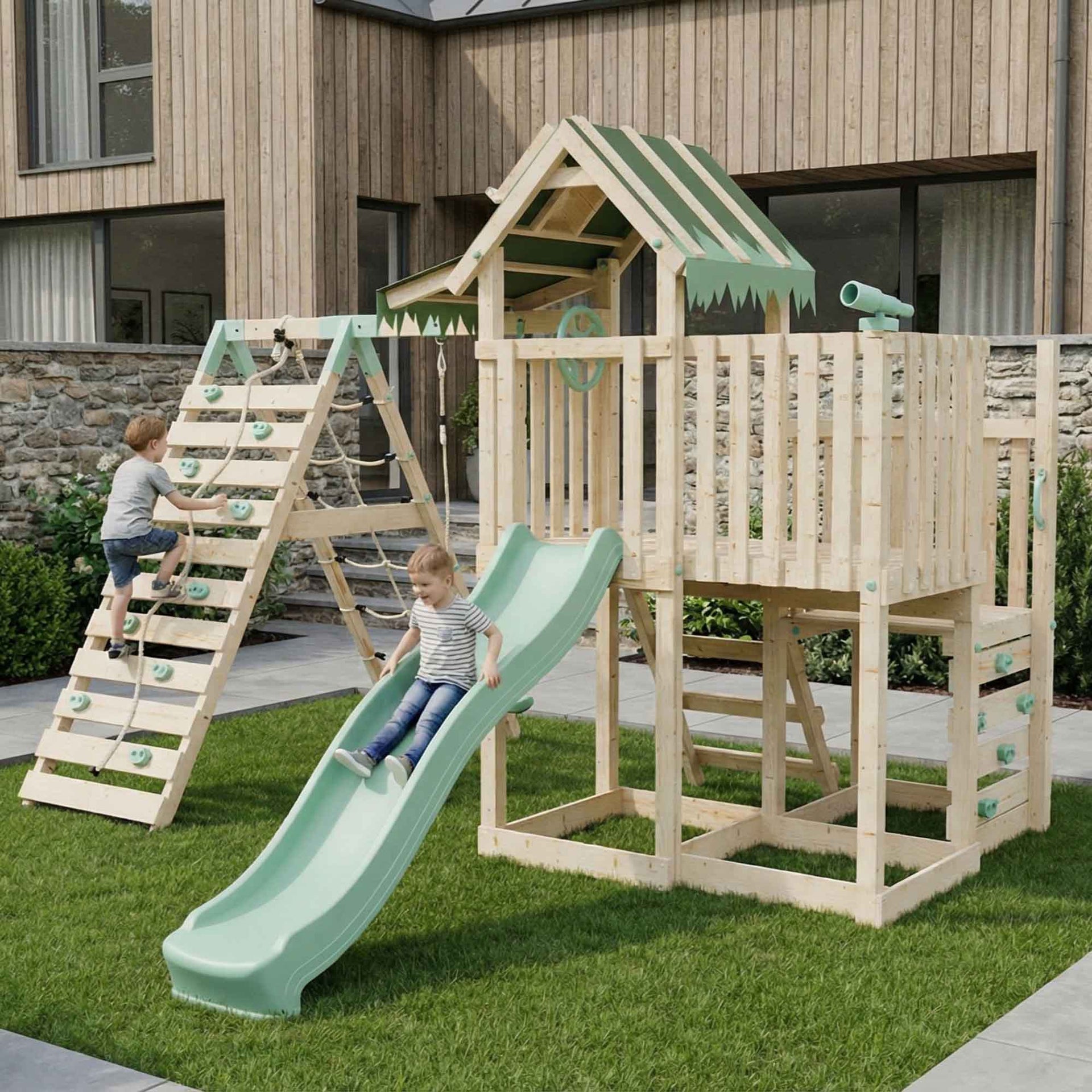 Extended Climbing Frame Step Up Single Swing & Climbing Wall Enchanted Grove VIII
