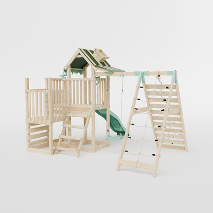 Extended Climbing Frame With Step Up, Single Swing & Climbing Wall - Maplewood V
