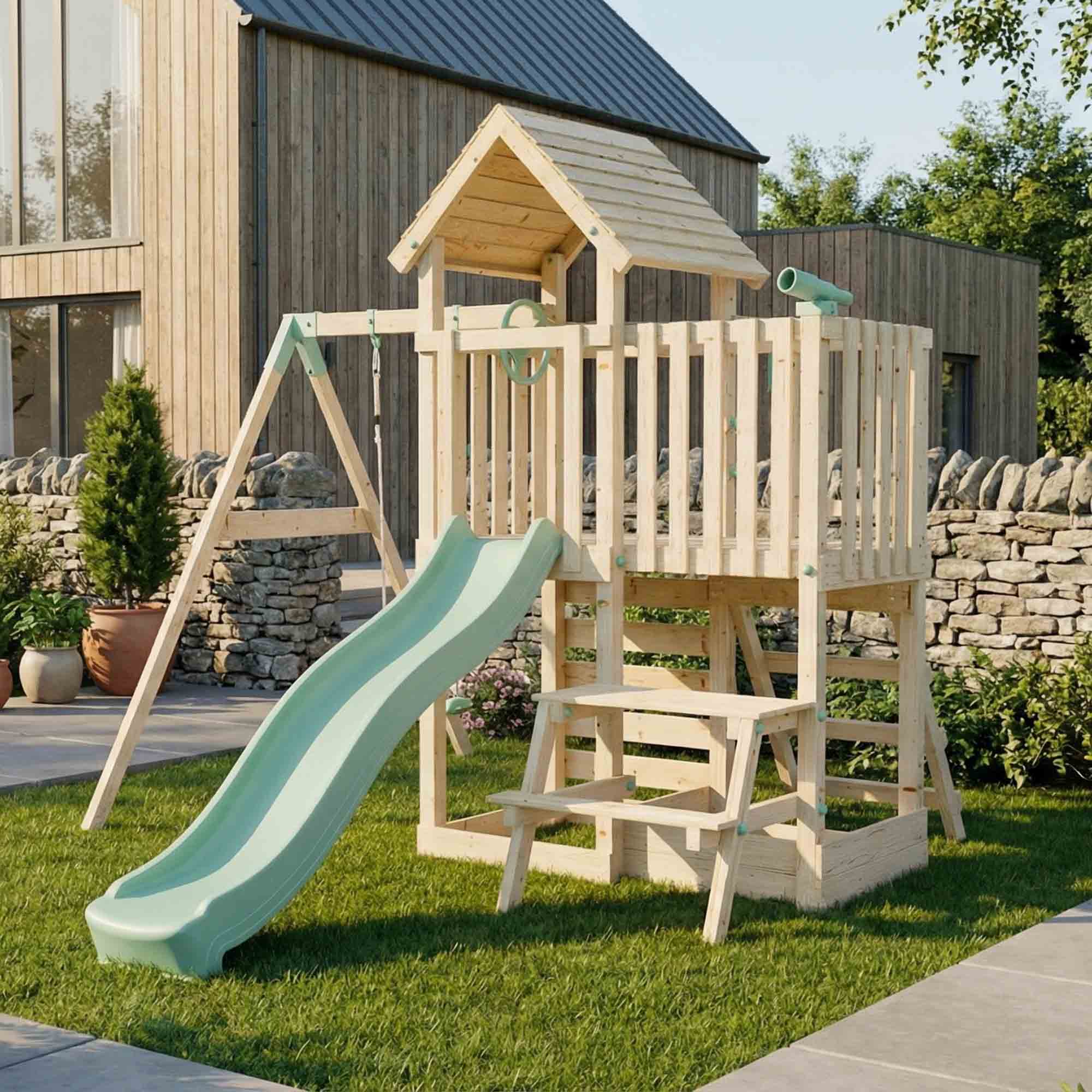 Climbing Frame With Extension, Single Swing, Picnic Table & Monkey Bars - Misty Timberlands I