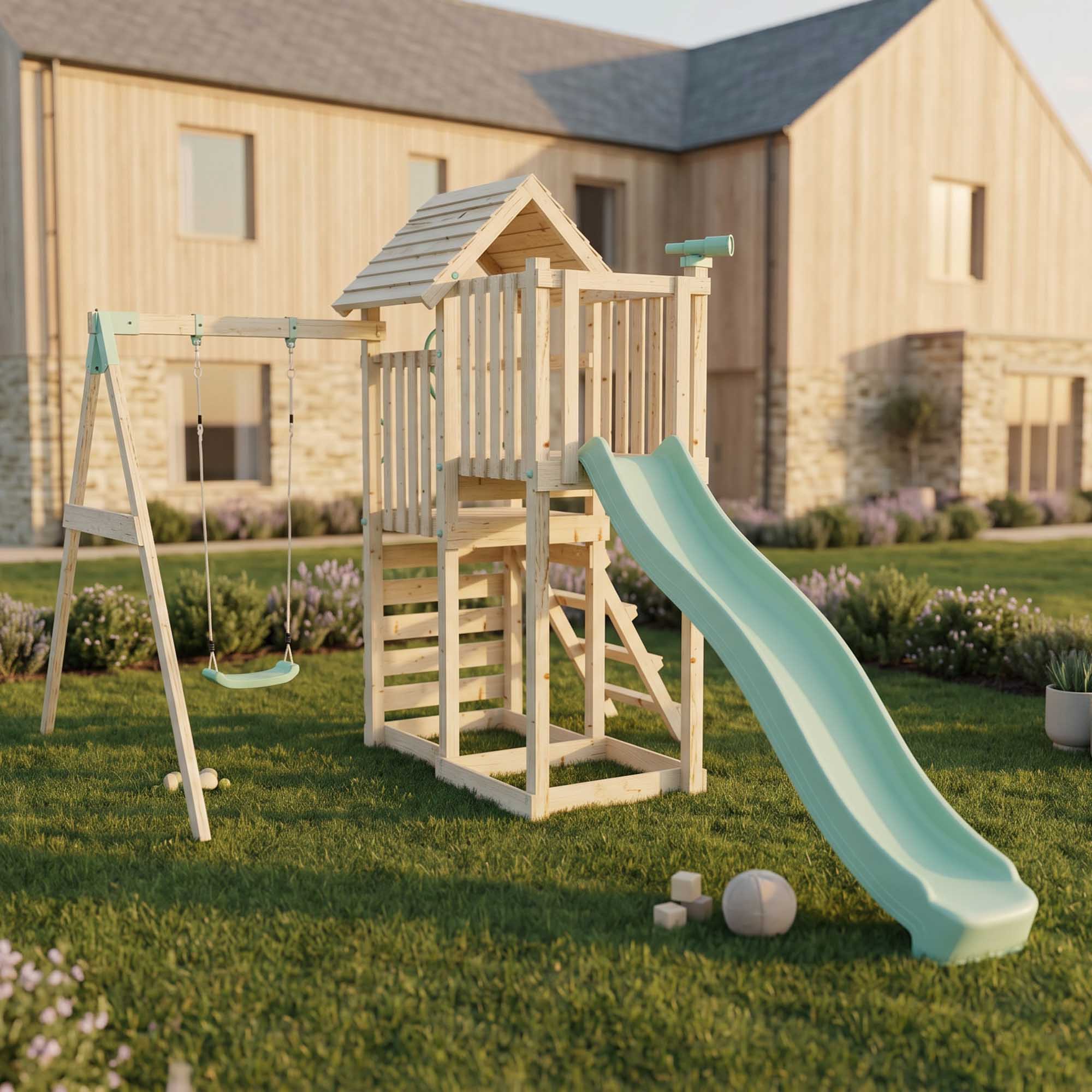 Climbing Frame with Single Swing Extended Height Platform & 2.65m Slide - Bramblewick Forest Watchtower I