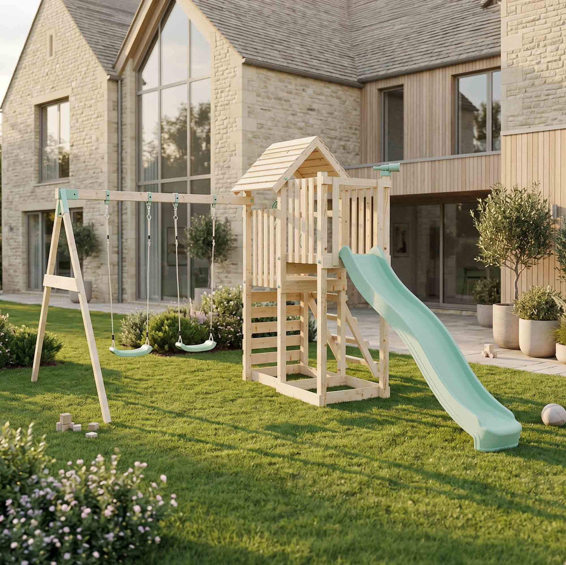 Climbing Frame Double Swing Extended Height Platform & 2.65m Slide Bramblewick Forest Watchtower II