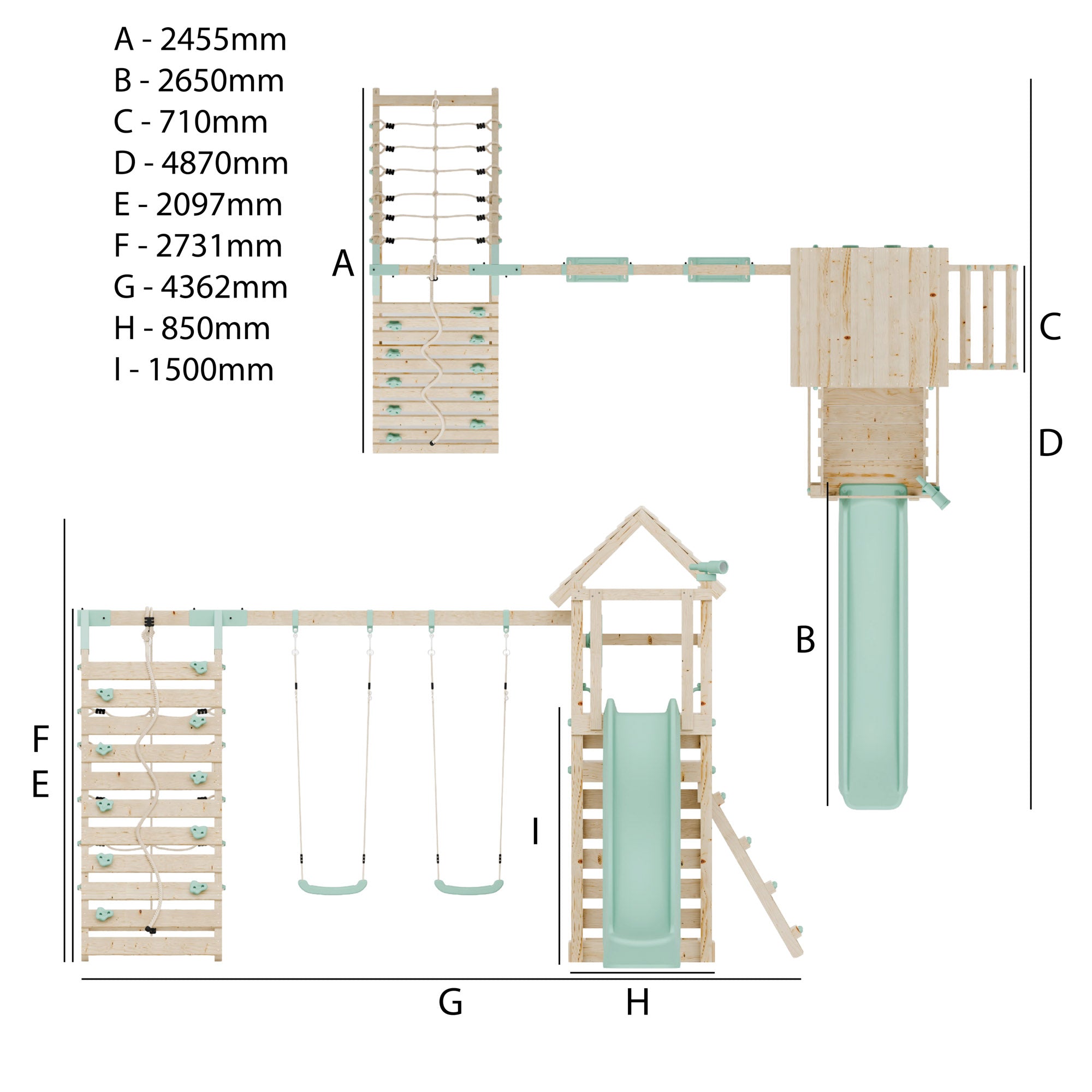 Climbing Frame with Double Swing Extended Height Platform & 2.65m Slide & Climbing Wall - Bramblewick Forest Watchtower III