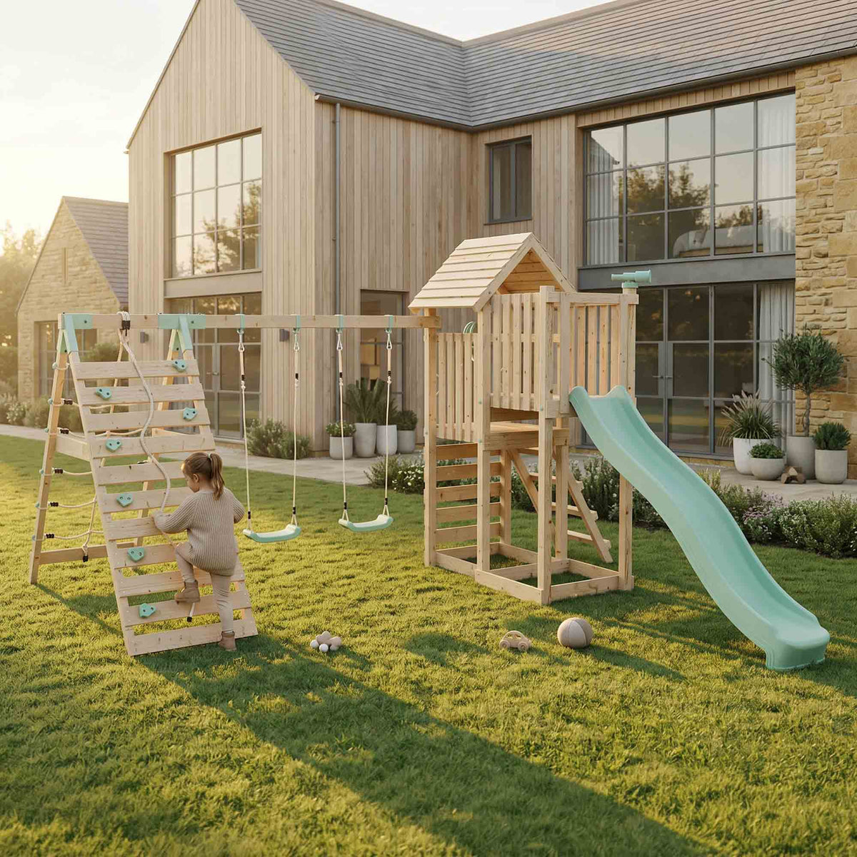 Climbing Frame Double Swing Extended Height Platform & 2.65m Slide & Climbing Wall Bramblewick Forest Watchtower III