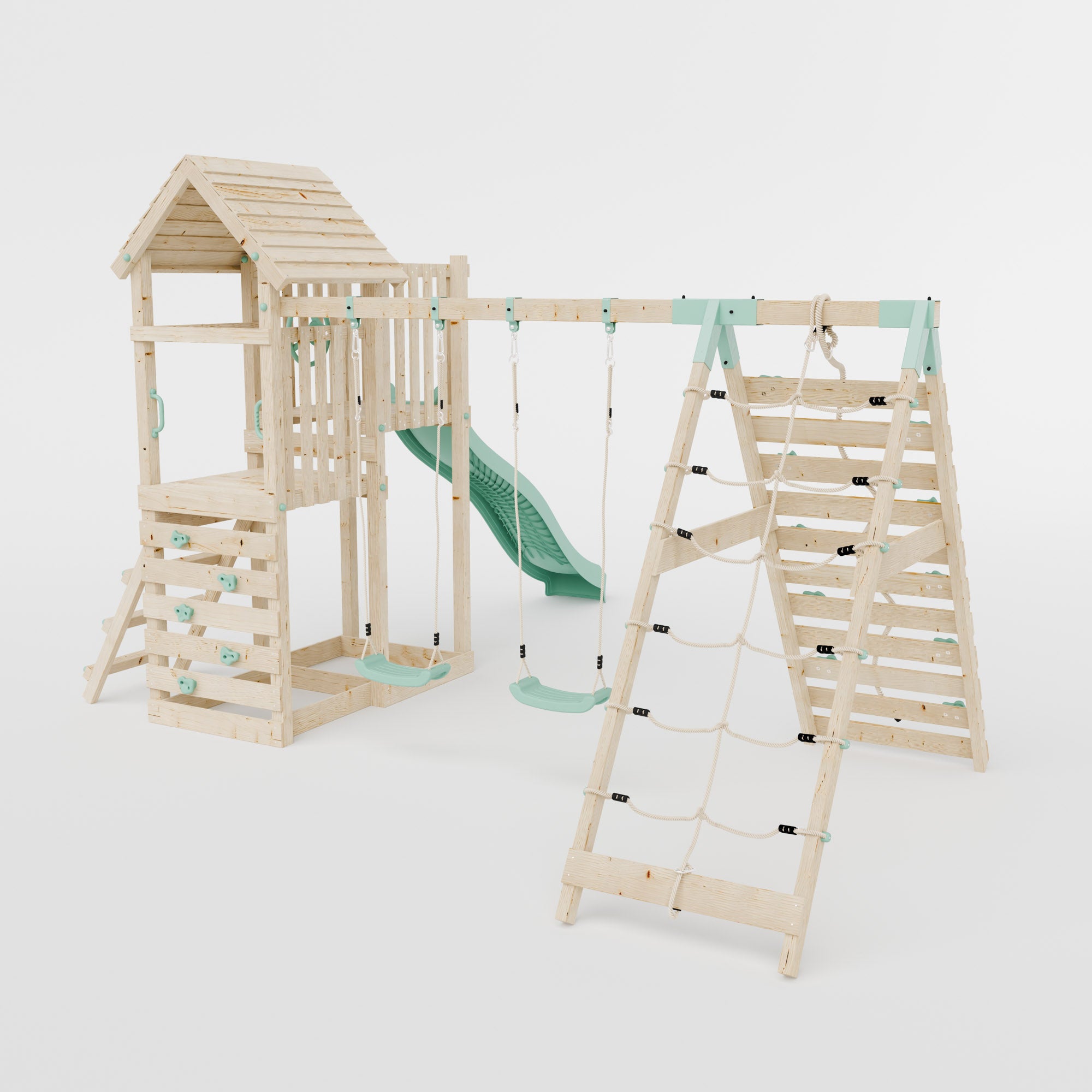 Climbing Frame with Double Swing Extended Height Platform & 2.65m Slide & Climbing Wall - Bramblewick Forest Watchtower III