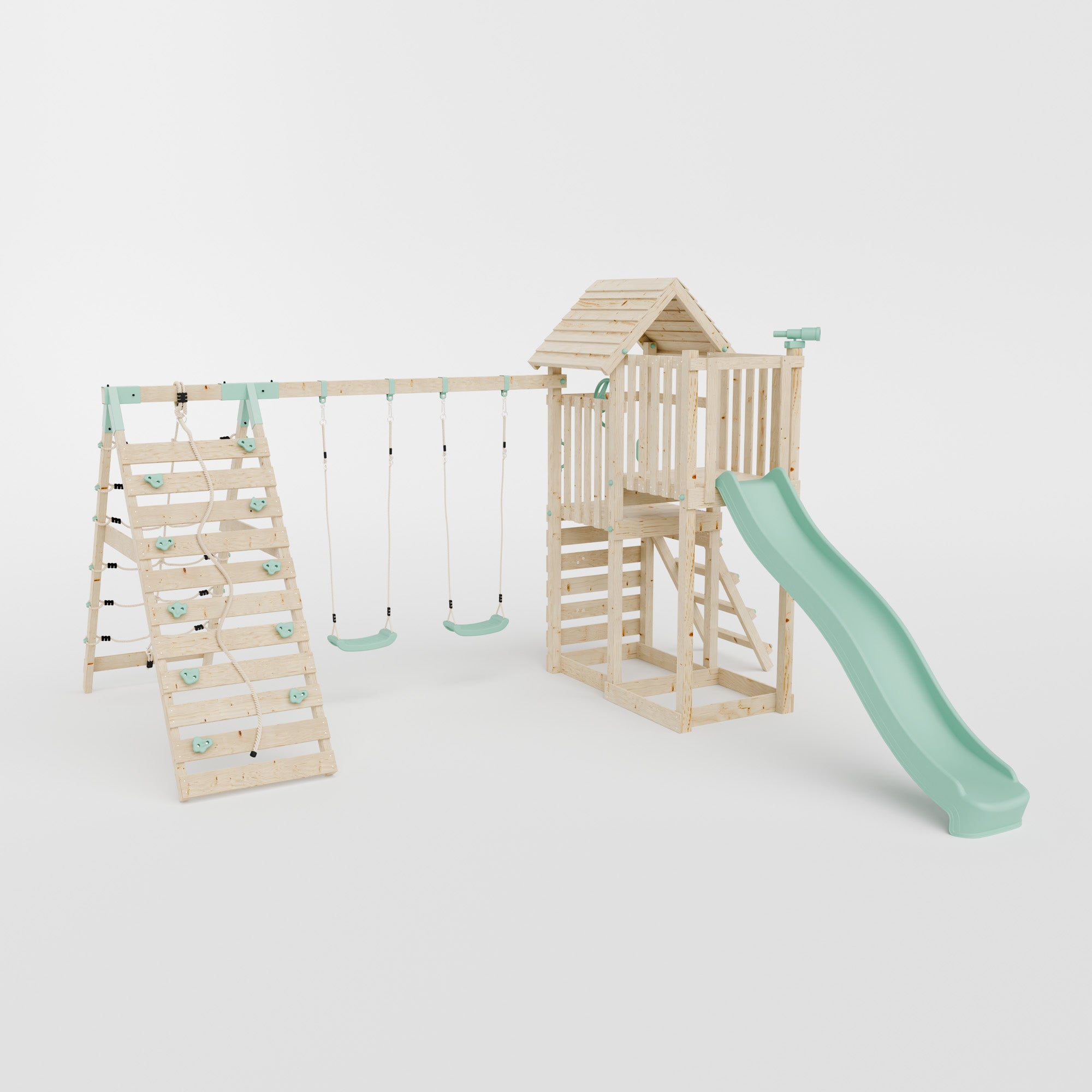 Climbing Frame with Double Swing Extended Height Platform & 2.65m Slide & Climbing Wall - Bramblewick Forest Watchtower III