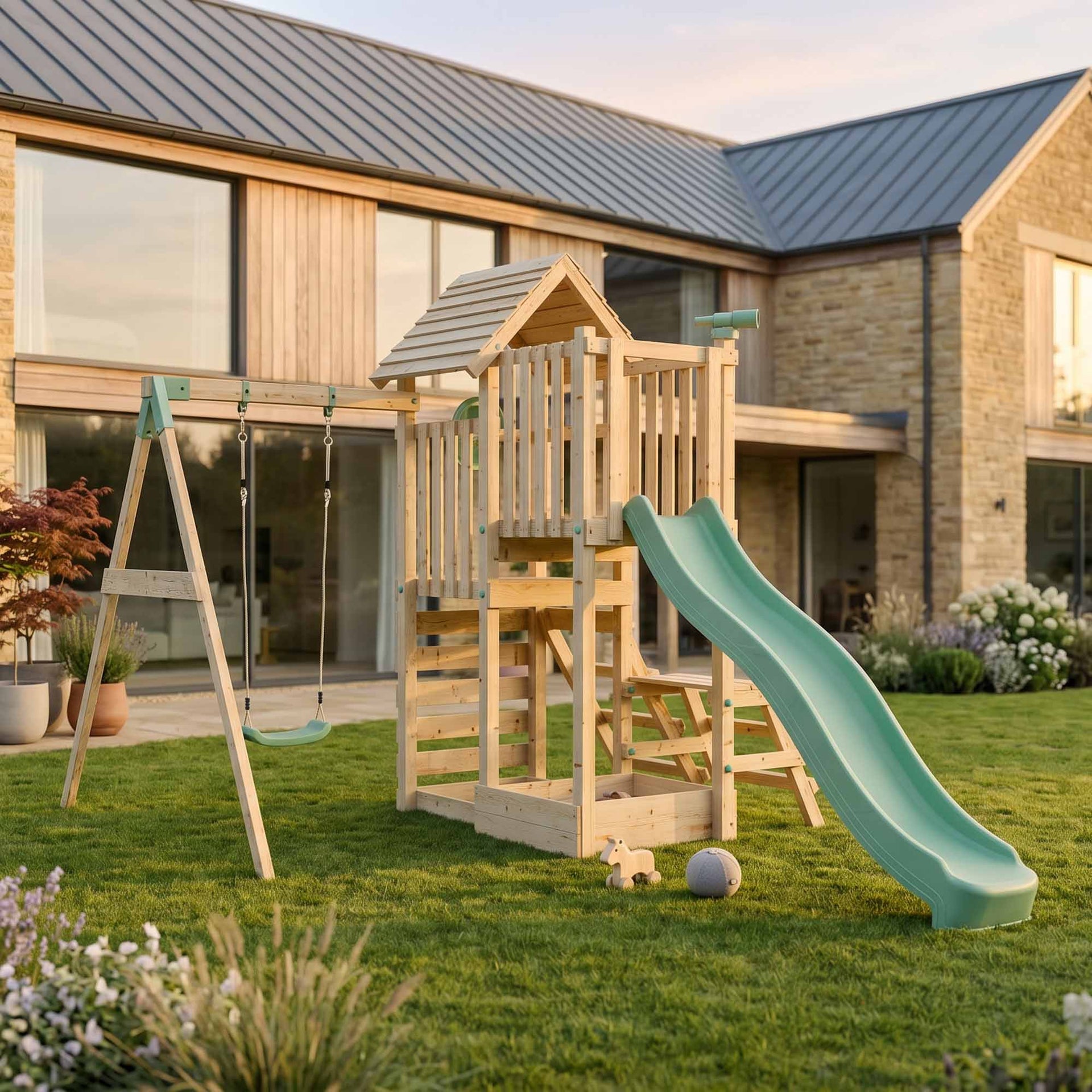 Climbing Frame Single Swing Extended Height Platform & 2.65m Slide & Picnic Table Bramblewick Forest Watchtower IV