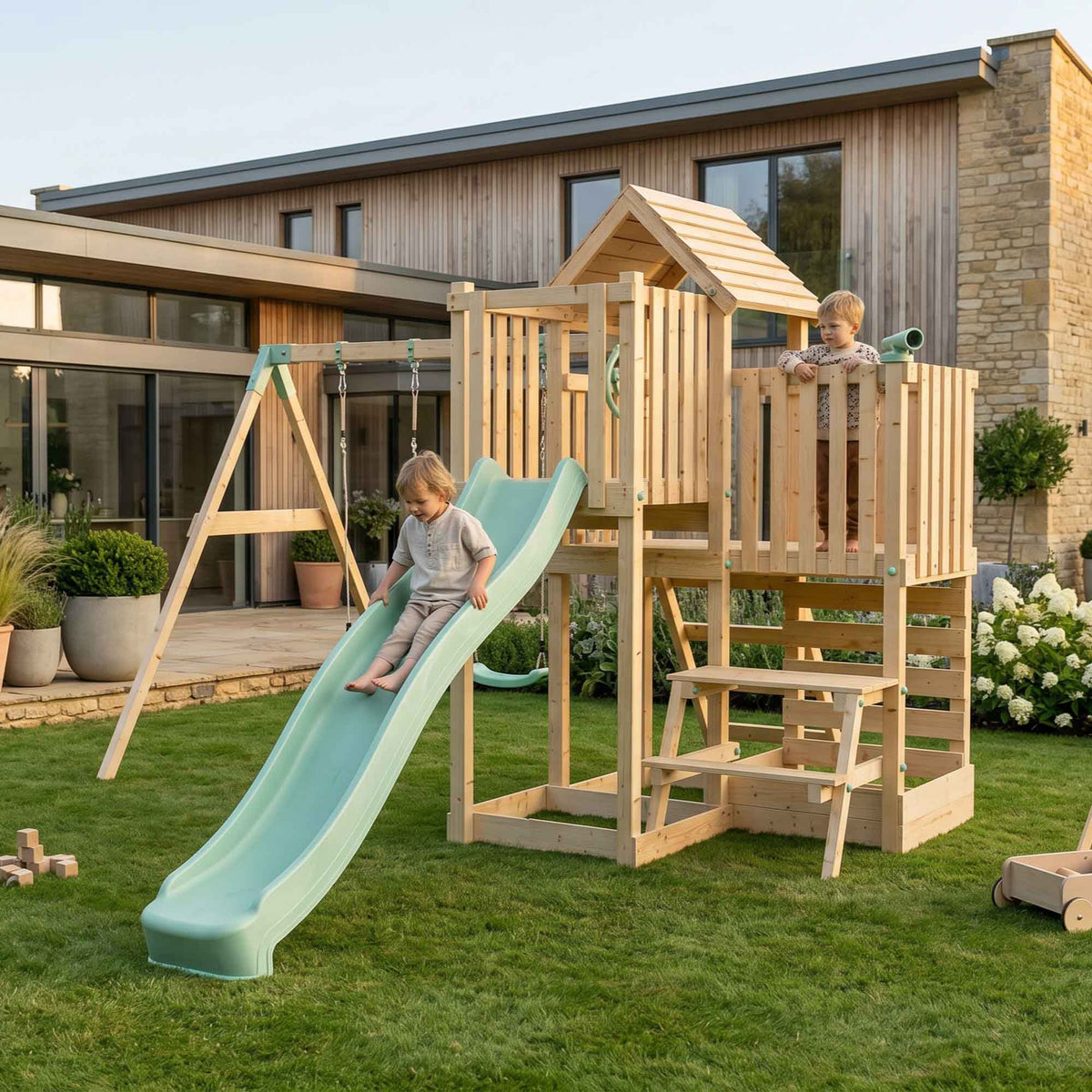 Climbing Frame Double Swing Extended Height Platform & 2.65m Slide & Picnic Table Bramblewick Forest Watchtower VI