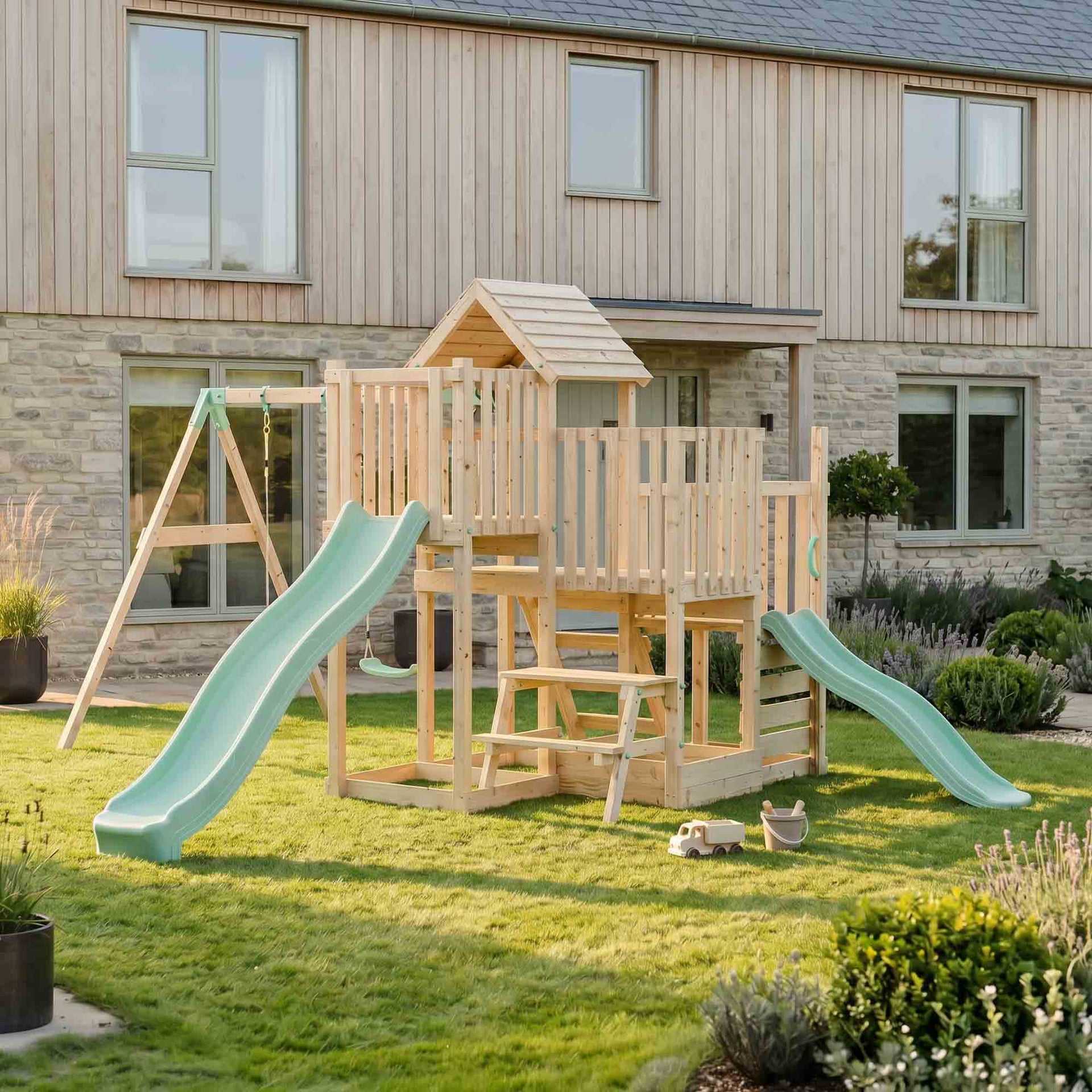 Climbing Frame Double Swing Triple Platform & Double Slides & Picnic Tower Bramblewick Forest Watchtower VII