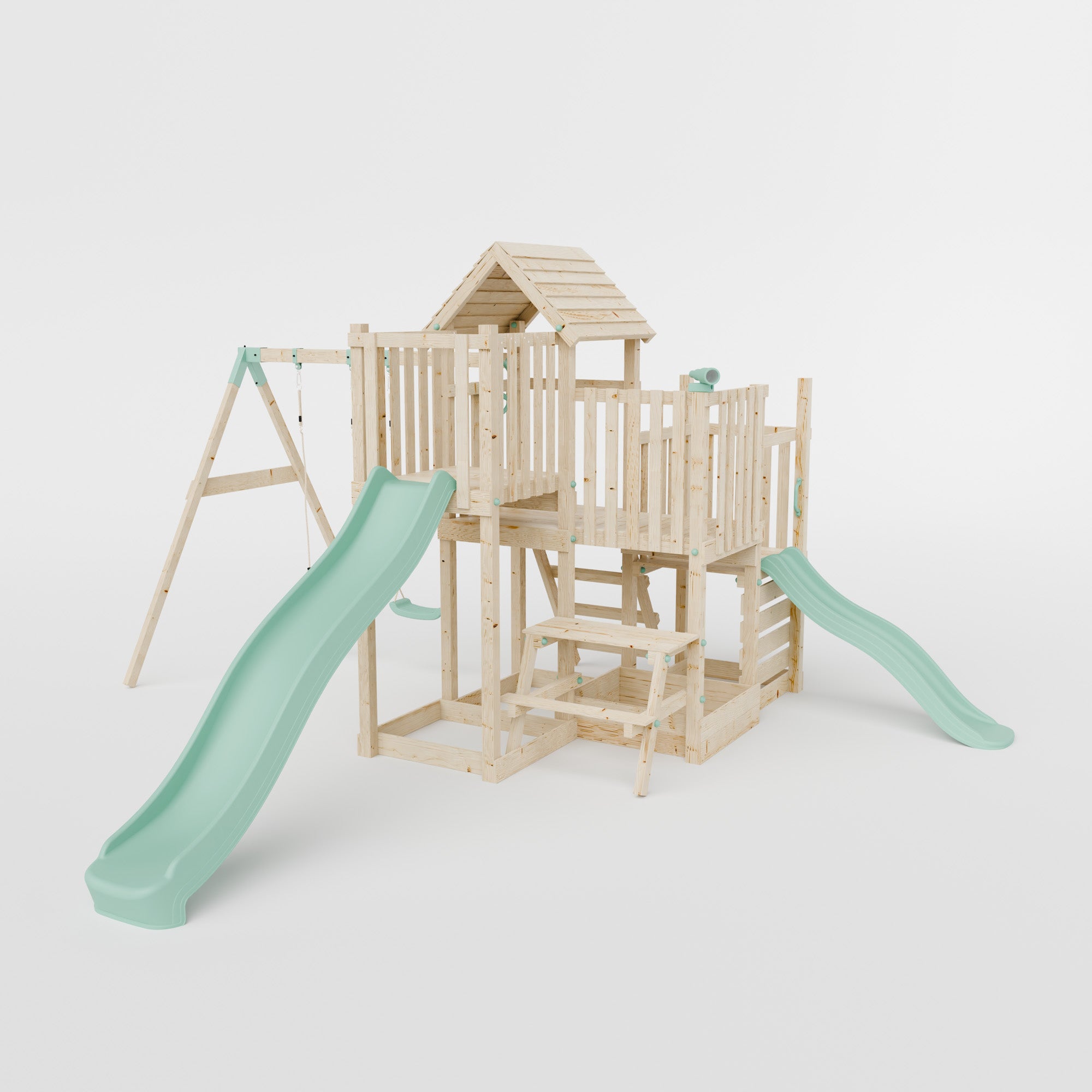 Climbing Frame with Double Swing Triple Platform & Double Slides & Picnic Tower - Bramblewick Forest Watchtower VII