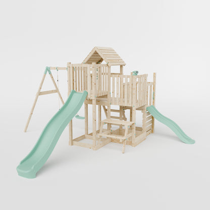 Climbing Frame with Double Swing Triple Platform & Double Slides & Picnic Tower - Bramblewick Forest Watchtower VII