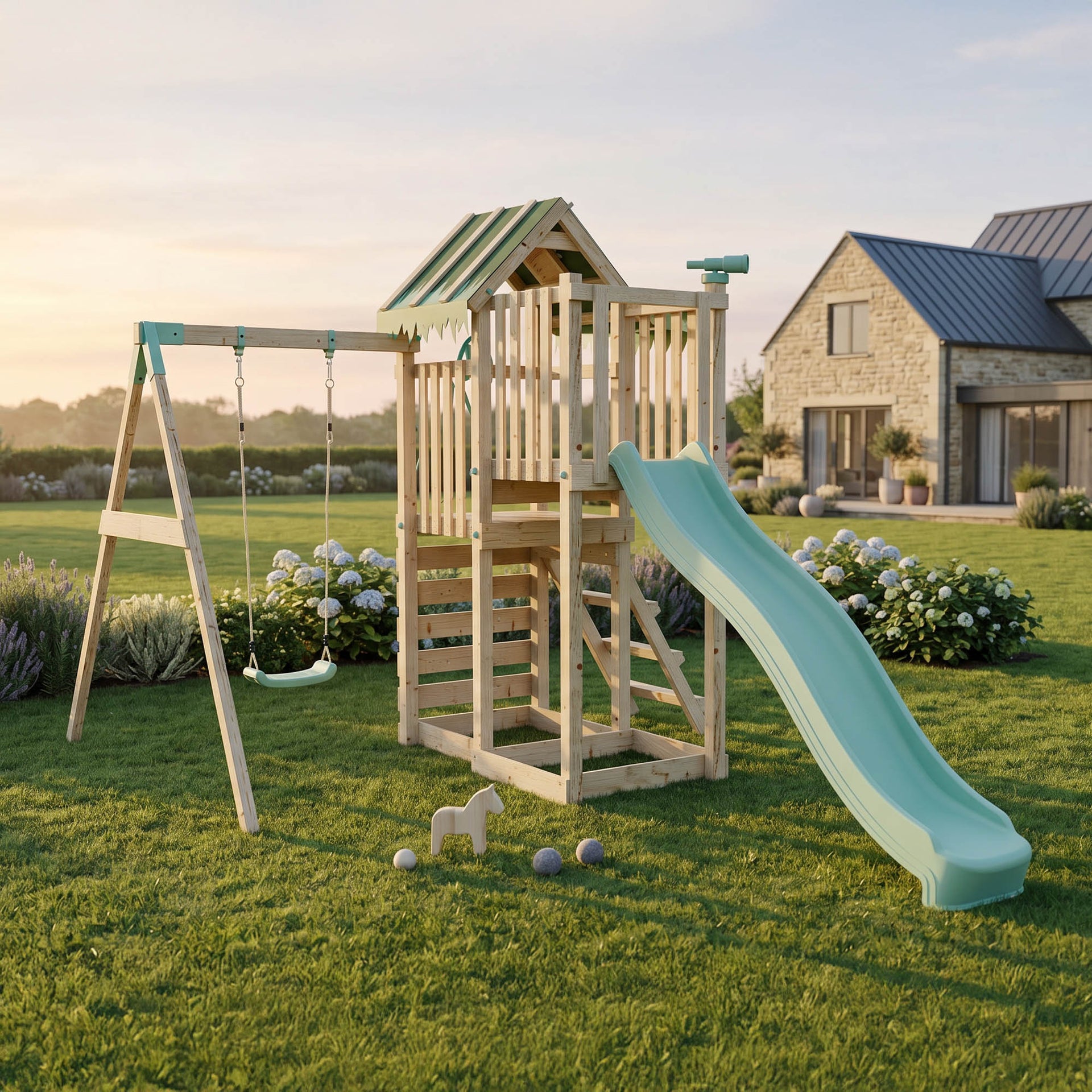 Climbing Frame Single Swing Extended Height Platform & 2.65m Slide Eldertree Forest Watchtower I