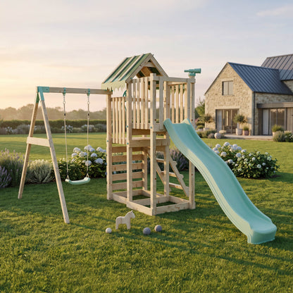 Climbing Frame with Single Swing Extended Height Platform & 2.65m Slide - Eldertree Forest Watchtower I