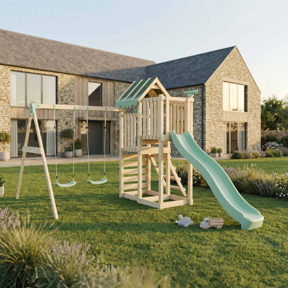 Climbing Frame Double Swing Extended Height Platform & 2.65m Slide Eldertree Forest Watchtower II