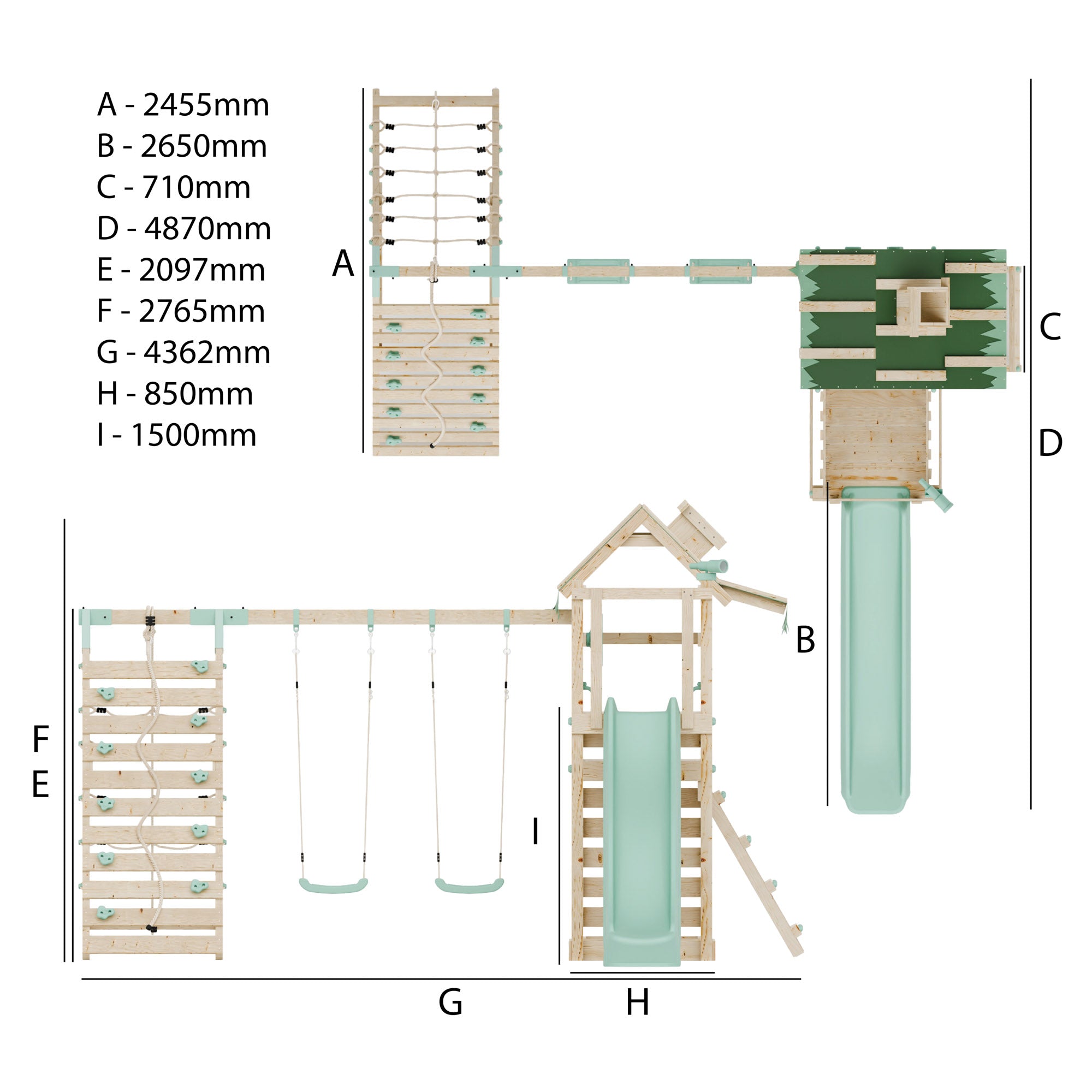 Climbing Frame with Double Swing Extended Height Platform & Climbing Wall & 2.65m Slide - Eldertree Forest Watchtower III