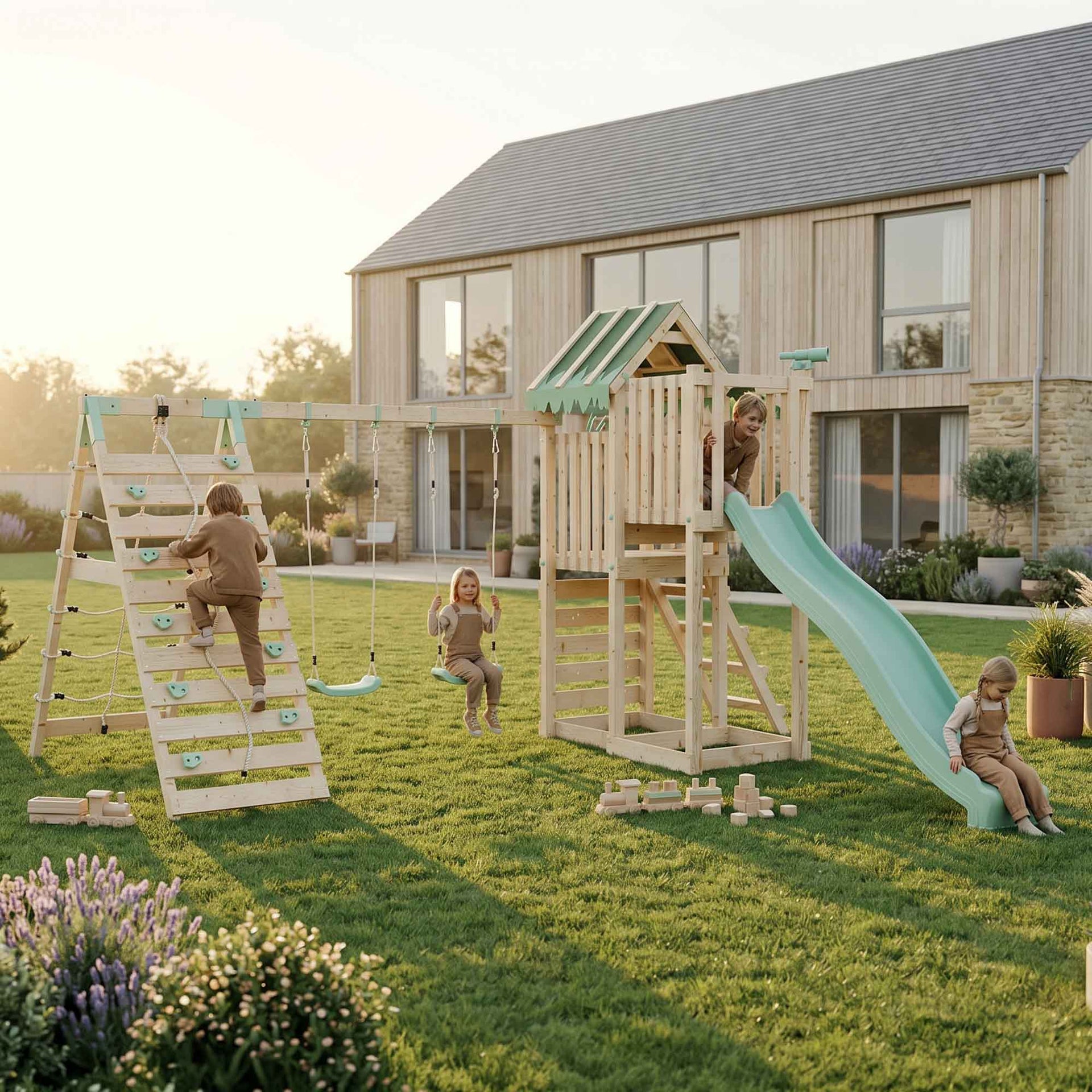 Climbing Frame Double Swing Extended Height Platform & Climbing Wall & 2.65m Slide Eldertree Forest Watchtower III