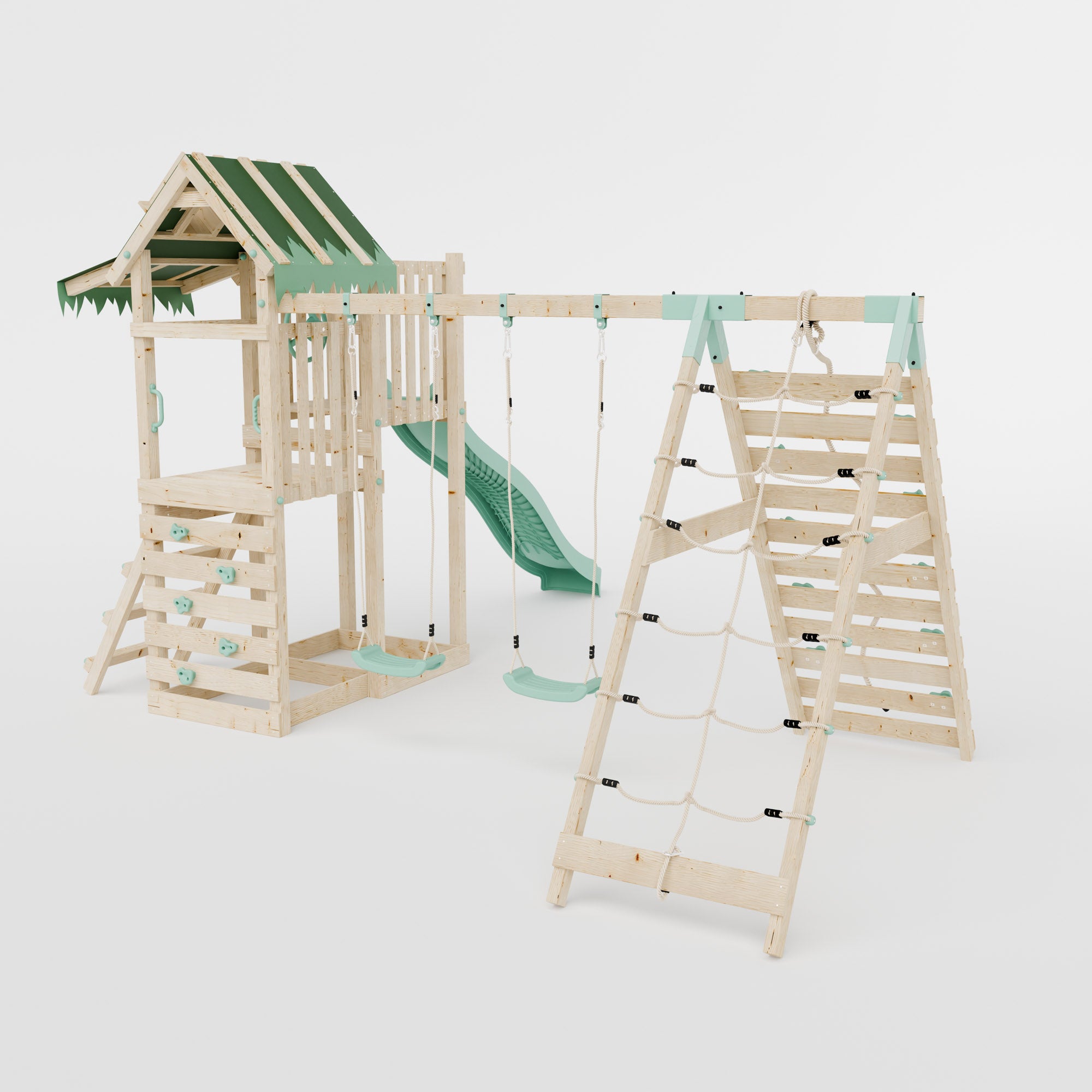 Climbing Frame with Double Swing Extended Height Platform & Climbing Wall & 2.65m Slide - Eldertree Forest Watchtower III