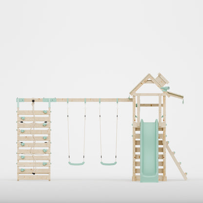 Climbing Frame with Double Swing Extended Height Platform & Climbing Wall & 2.65m Slide - Eldertree Forest Watchtower III