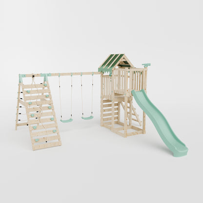 Climbing Frame with Double Swing Extended Height Platform & Climbing Wall & 2.65m Slide - Eldertree Forest Watchtower III