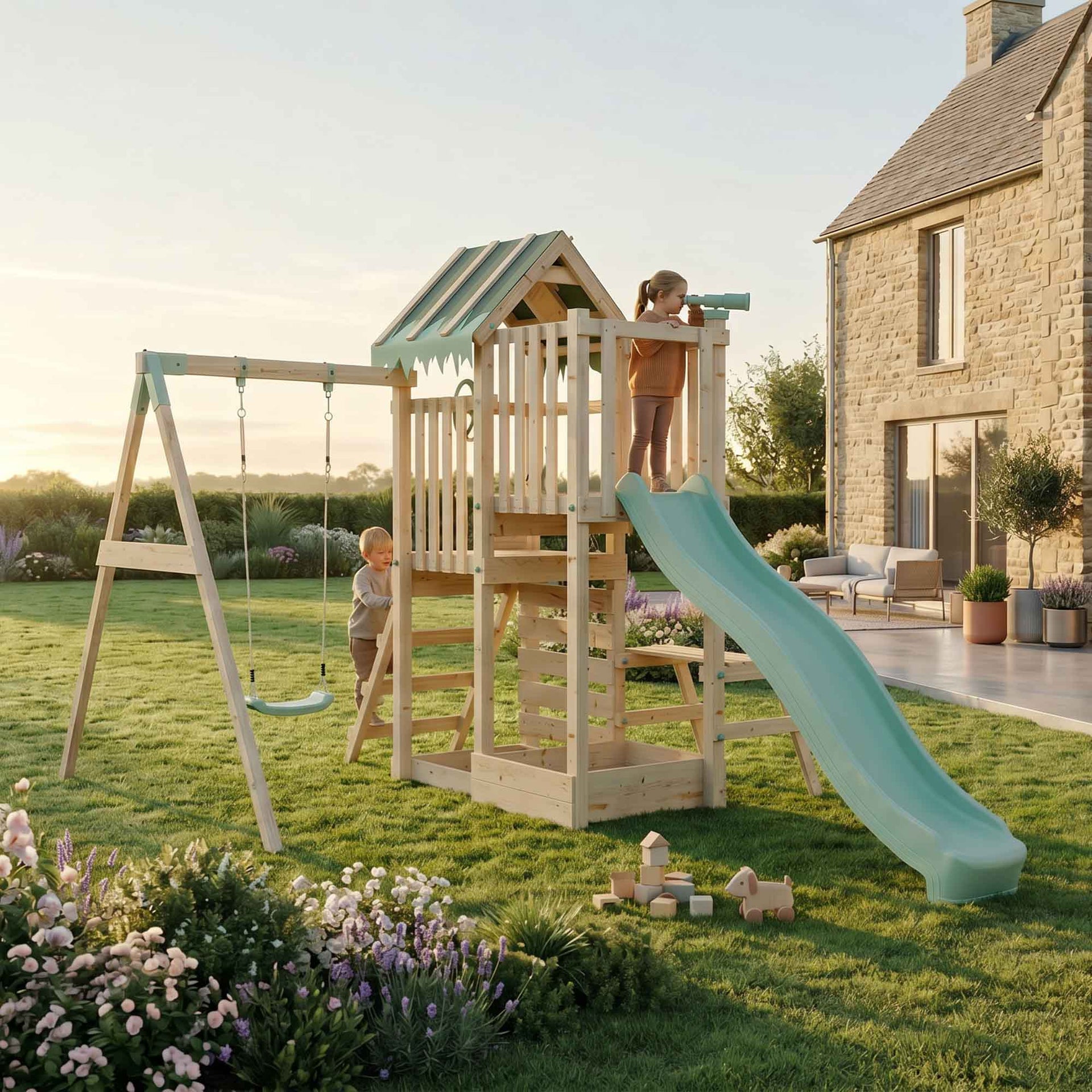 Climbing Frame Single Swing Extended Height Platform & 2.65m Slide & Picnic Table Eldertree Forest Watchtower IV