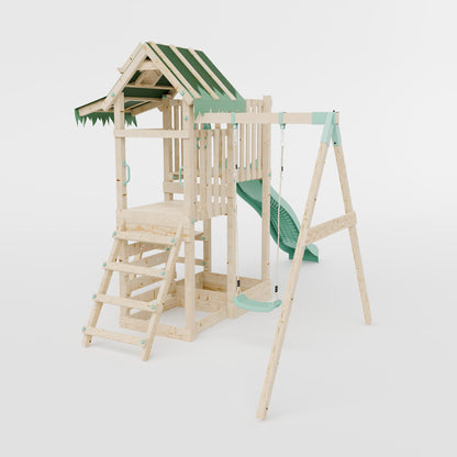 Climbing Frame with Single Swing Extended Height Platform & 2.65m Slide & Picnic Table - Eldertree Forest Watchtower IV