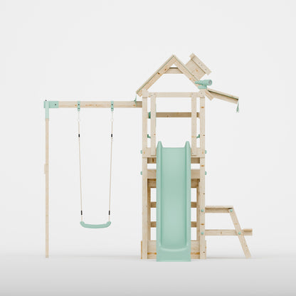 Climbing Frame with Single Swing Extended Height Platform & 2.65m Slide & Picnic Table - Eldertree Forest Watchtower IV