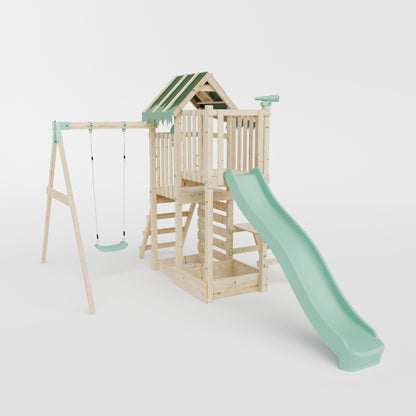 Climbing Frame with Single Swing Extended Height Platform & 2.65m Slide & Picnic Table - Eldertree Forest Watchtower IV