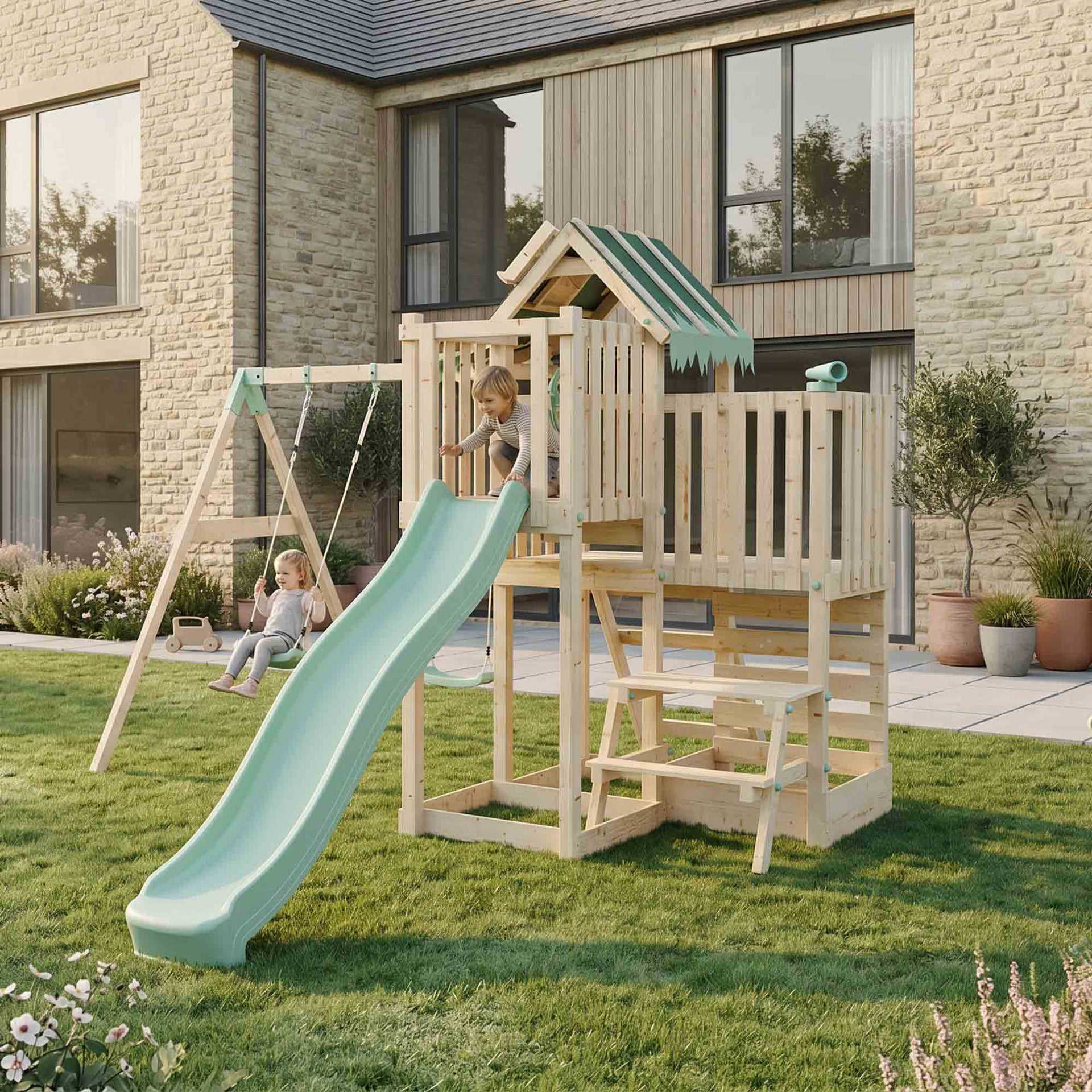 Climbing Frame Double Swing Extended Height Platform & 2.65m Slide & Picnic Table Eldertree Forest Watchtower VI