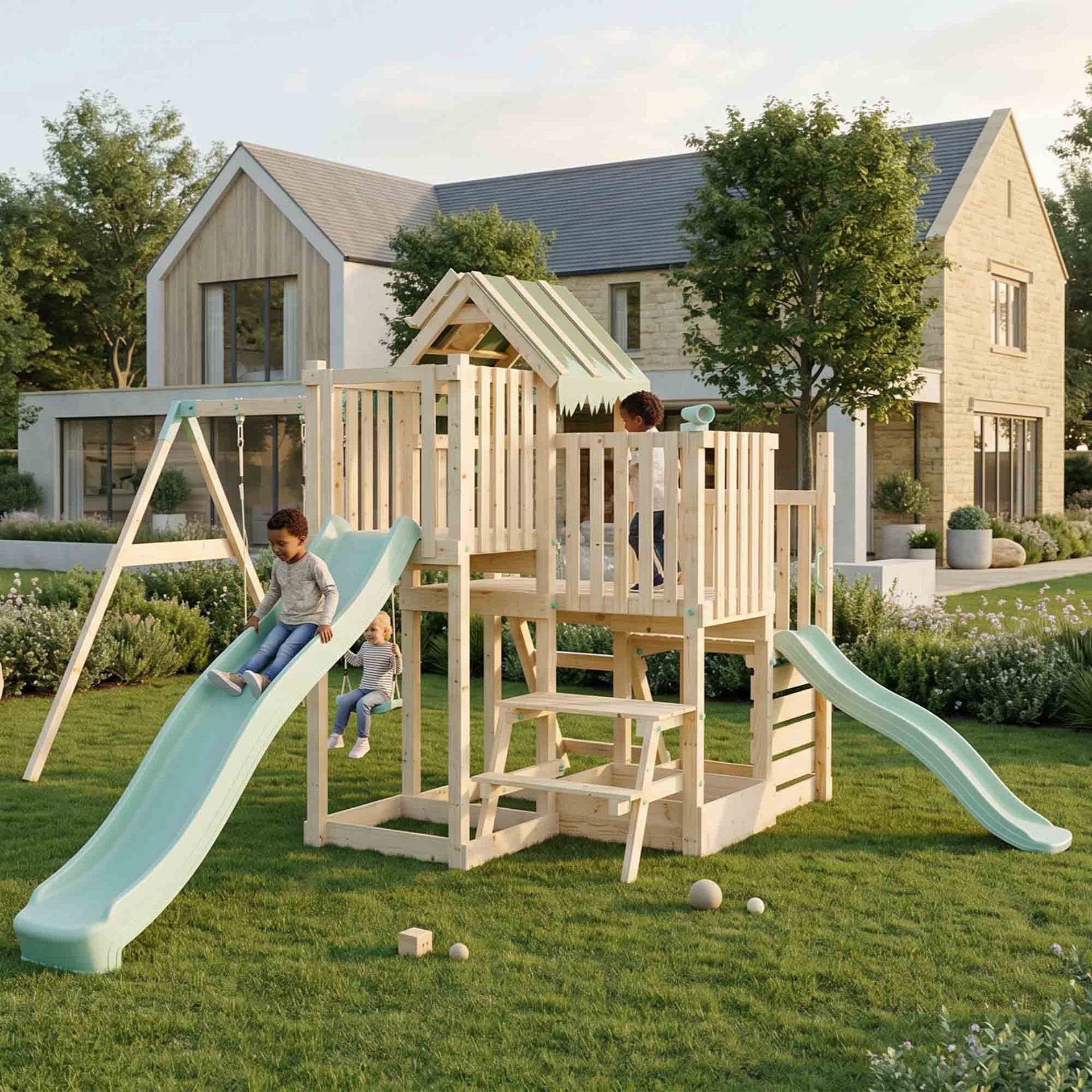Climbing Frame Double Swing Triple Platform & Double Slides & Picnic Tower Eldertree Forest Watchtower VII