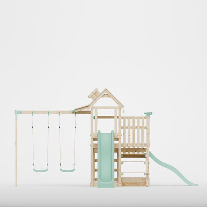 Climbing Frame with Double Swing Triple Platform & Double Slides & Picnic Tower - Eldertree Forest Watchtower VII