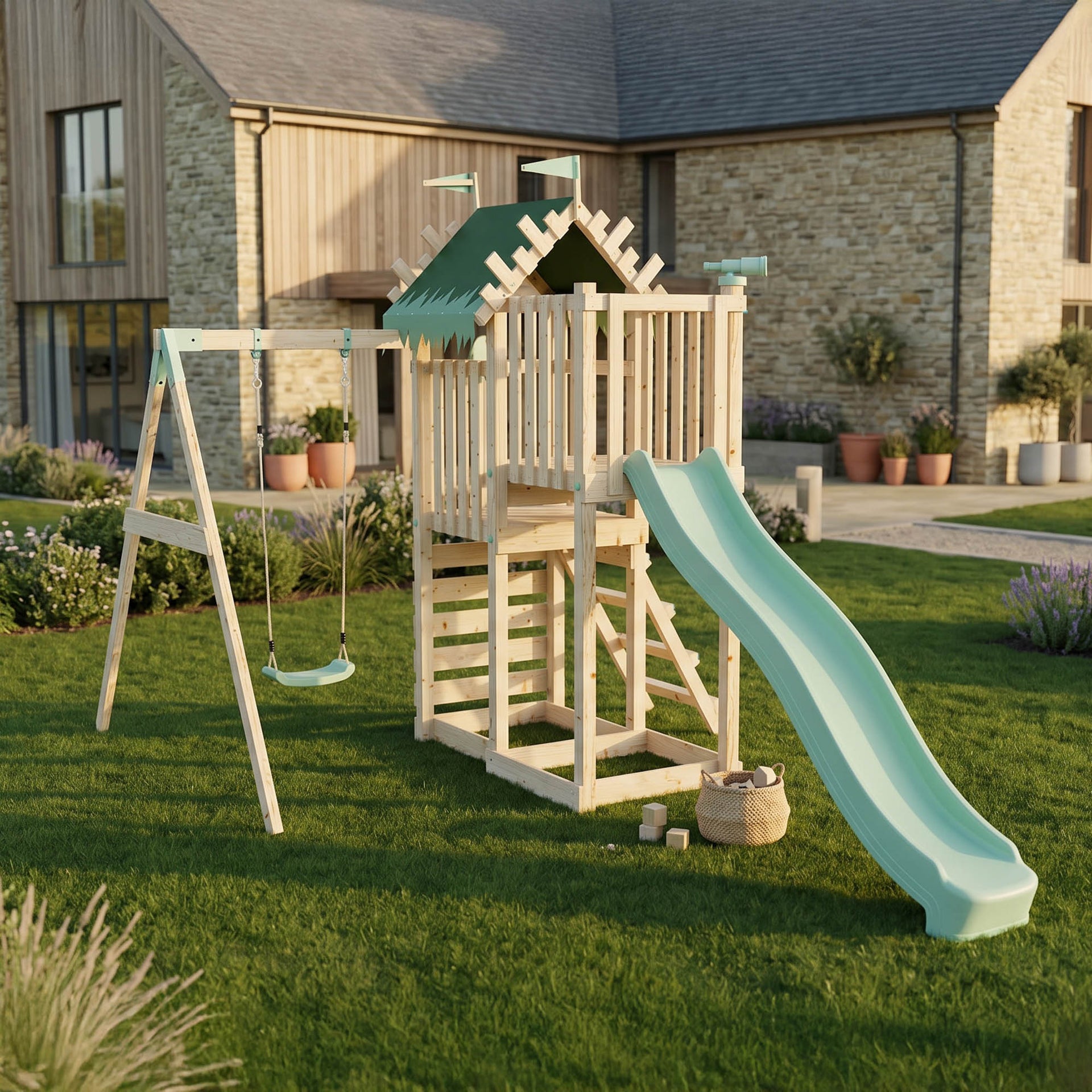 Climbing Frame Single Swing Extended Height Platform & 2.65m Slide Enchanted Grove Watchtower I