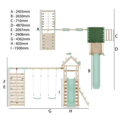Climbing Frame with Double Swing Extended Height Platform & Climbing Wall & 2.65m Slide - Enchanted Grove Watchtower III