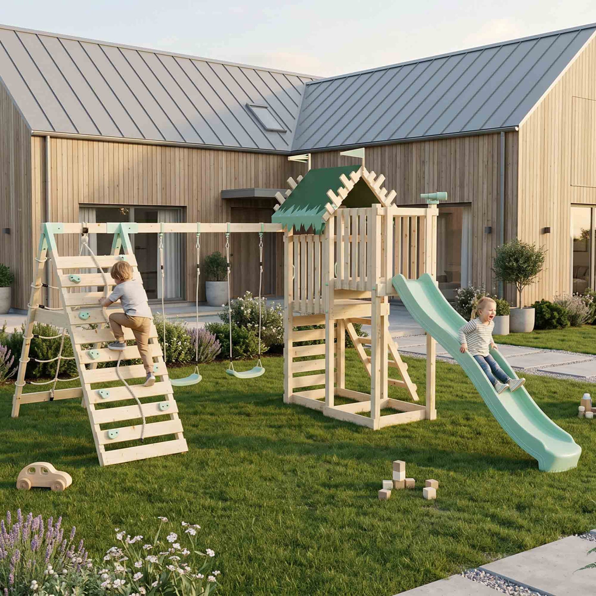 Climbing Frame Double Swing Extended Height Platform & Climbing Wall & 2.65m Slide Enchanted Grove Watchtower III