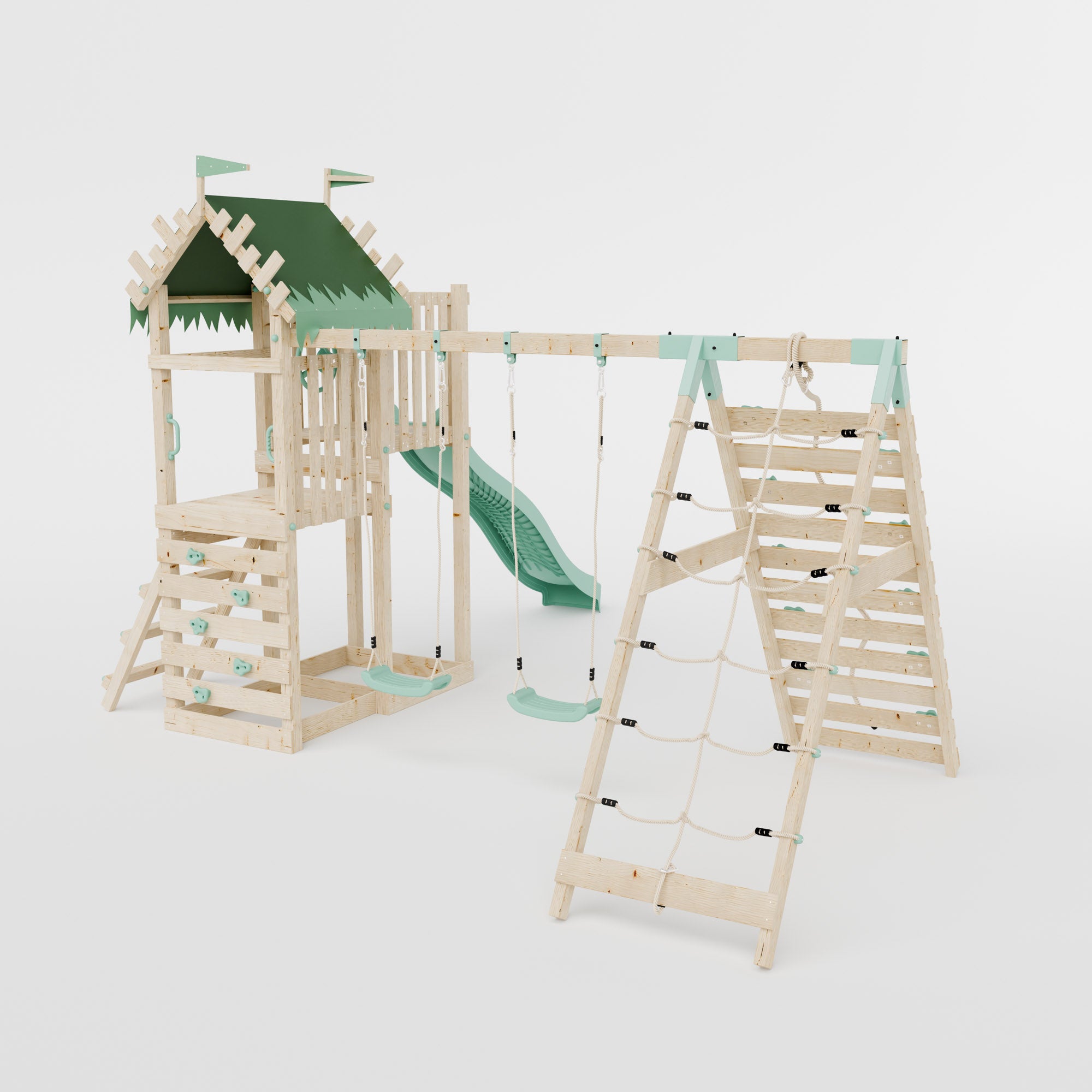 Climbing Frame with Double Swing Extended Height Platform & Climbing Wall & 2.65m Slide - Enchanted Grove Watchtower III