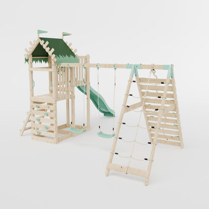 Climbing Frame with Double Swing Extended Height Platform & Climbing Wall & 2.65m Slide - Enchanted Grove Watchtower III
