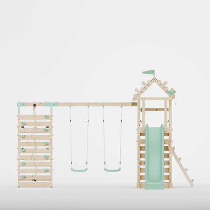 Climbing Frame with Double Swing Extended Height Platform & Climbing Wall & 2.65m Slide - Enchanted Grove Watchtower III