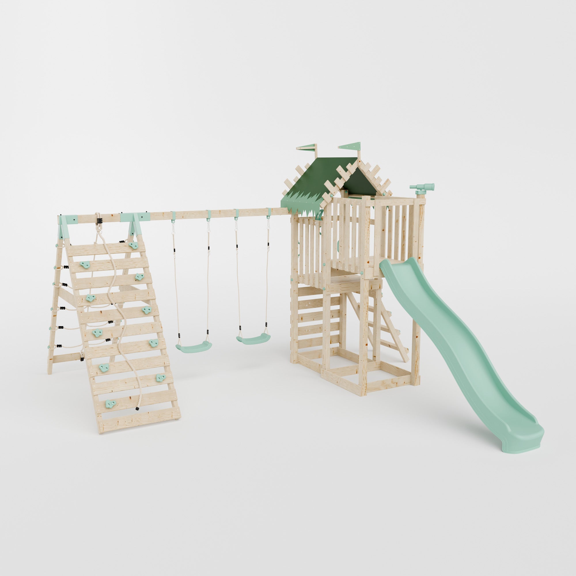 Climbing Frame with Double Swing Extended Height Platform & Climbing Wall & 2.65m Slide - Enchanted Grove Watchtower III