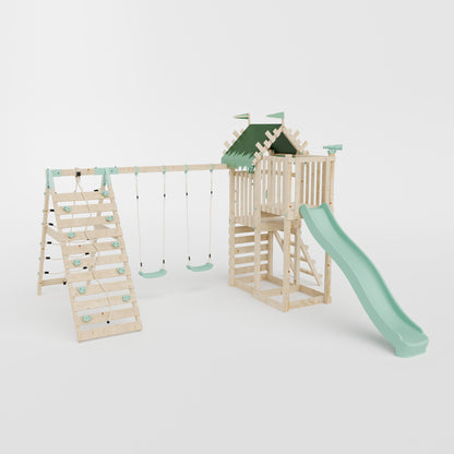 Climbing Frame with Double Swing Extended Height Platform & Climbing Wall & 2.65m Slide - Enchanted Grove Watchtower III