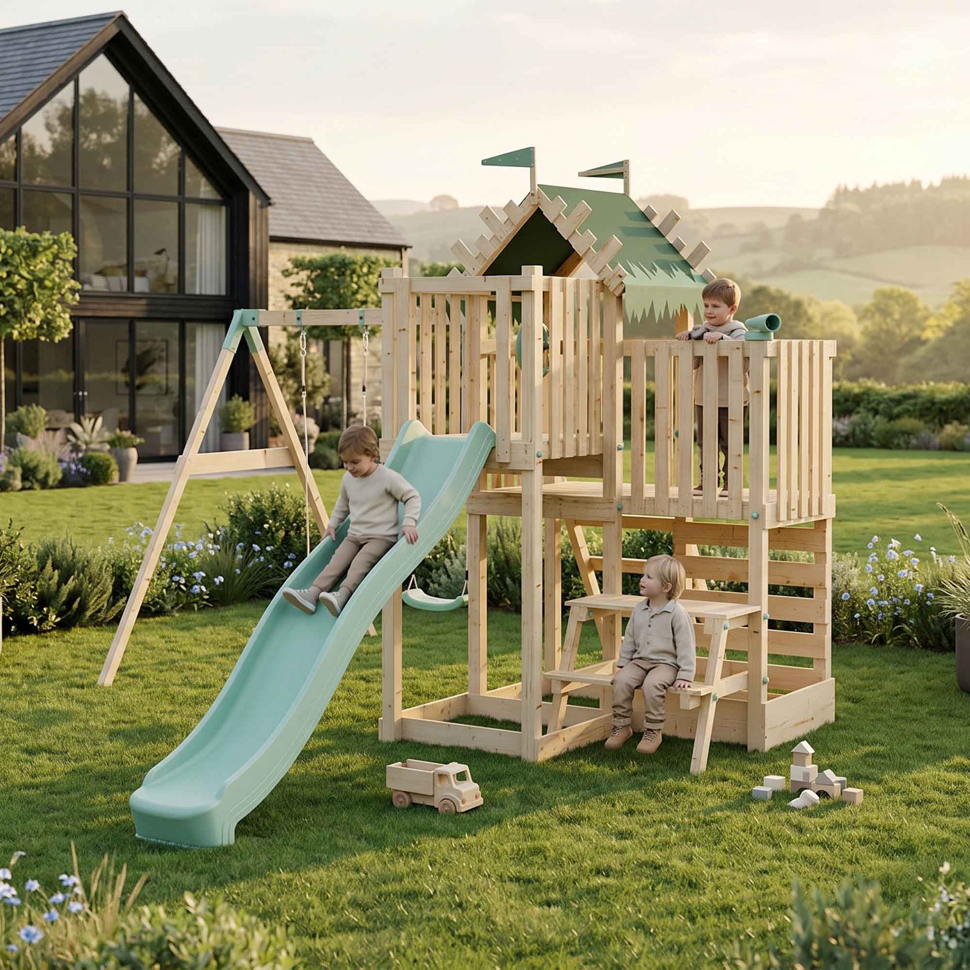 Climbing Frame Double Swing Extended Height Platform & 2.65m Slide & Picnic Table Enchanted Grove Watchtower VI